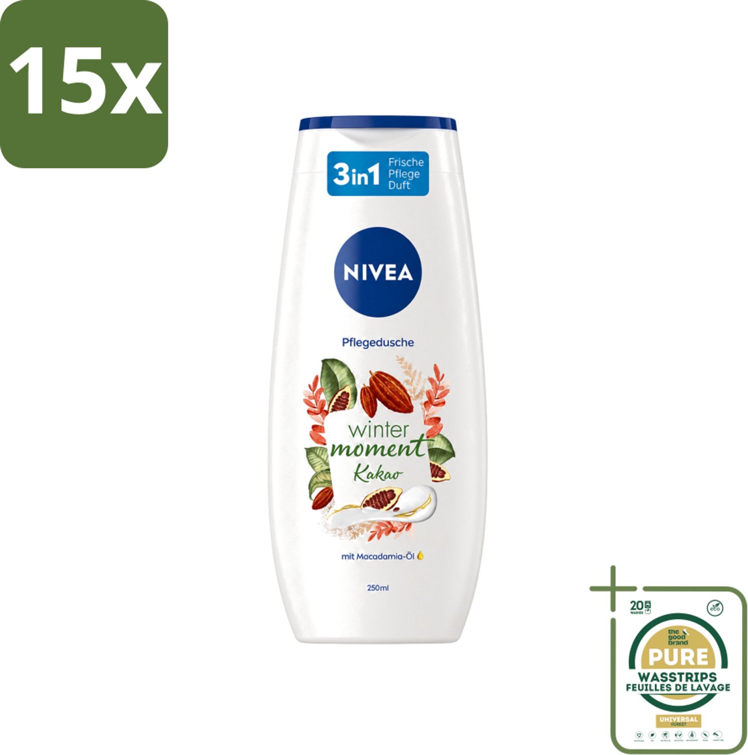 15 x Nivea - Douchegel - Winter Moment Cacao - 250 ml - Wasstrips - Douchegel - Winter Moment - Cacao - Verzorgende Douchegel - Huid Verzorging