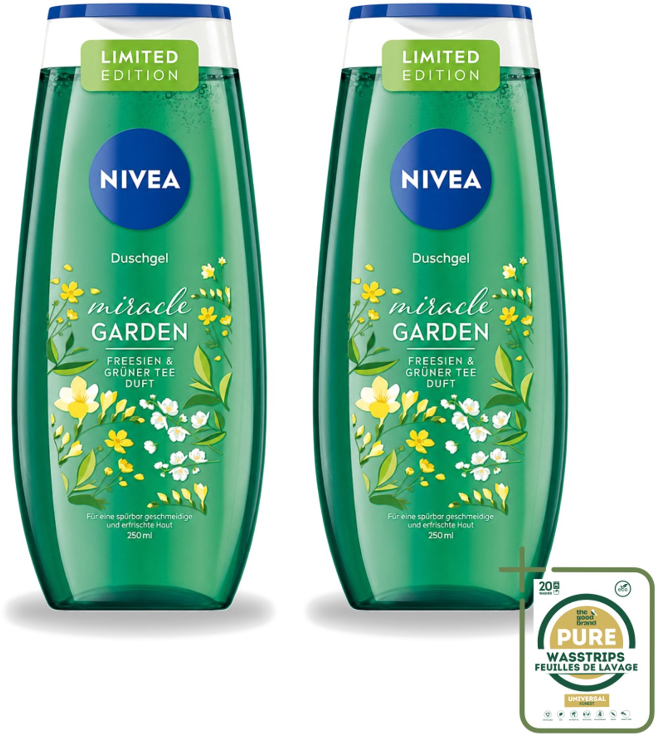 2 x Nivea - Douchegel - Freesia & Groene Thee - 250 ml - Wasstrips - Douchegel Freesia Groene Thee - Douchegel Voor Huidverzorging - Frisse Geur Douchegel - Hydraterende Douchegel - PH-huidneutraal