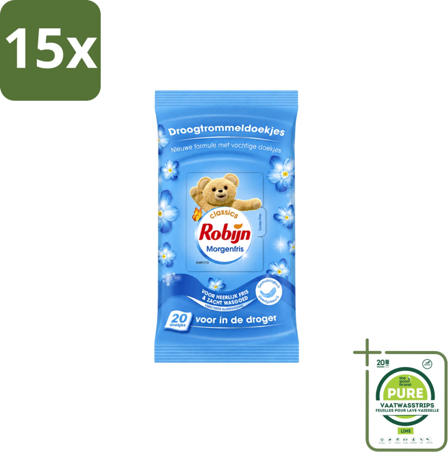 15 x Robijn – Droogtrommeldoekjes – Morgenfris - 20 Doekjes - Grootverpakking - Vaatwasstrips - Droogtrommeldoekjes - Wasgoed Drogen - Frisse Geur - Wasgoed Verzorgen - Kleuren Beschermen