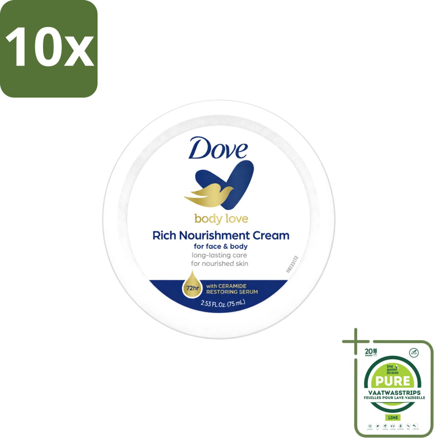 10 x Dove – Bodycrème – Rich Nourishment – 75 ml - Grootverpakking - Vaatwasstrips - Bodycrème - Hydratatie - Droge Huid - Voedende Crème - Huid Verzorging