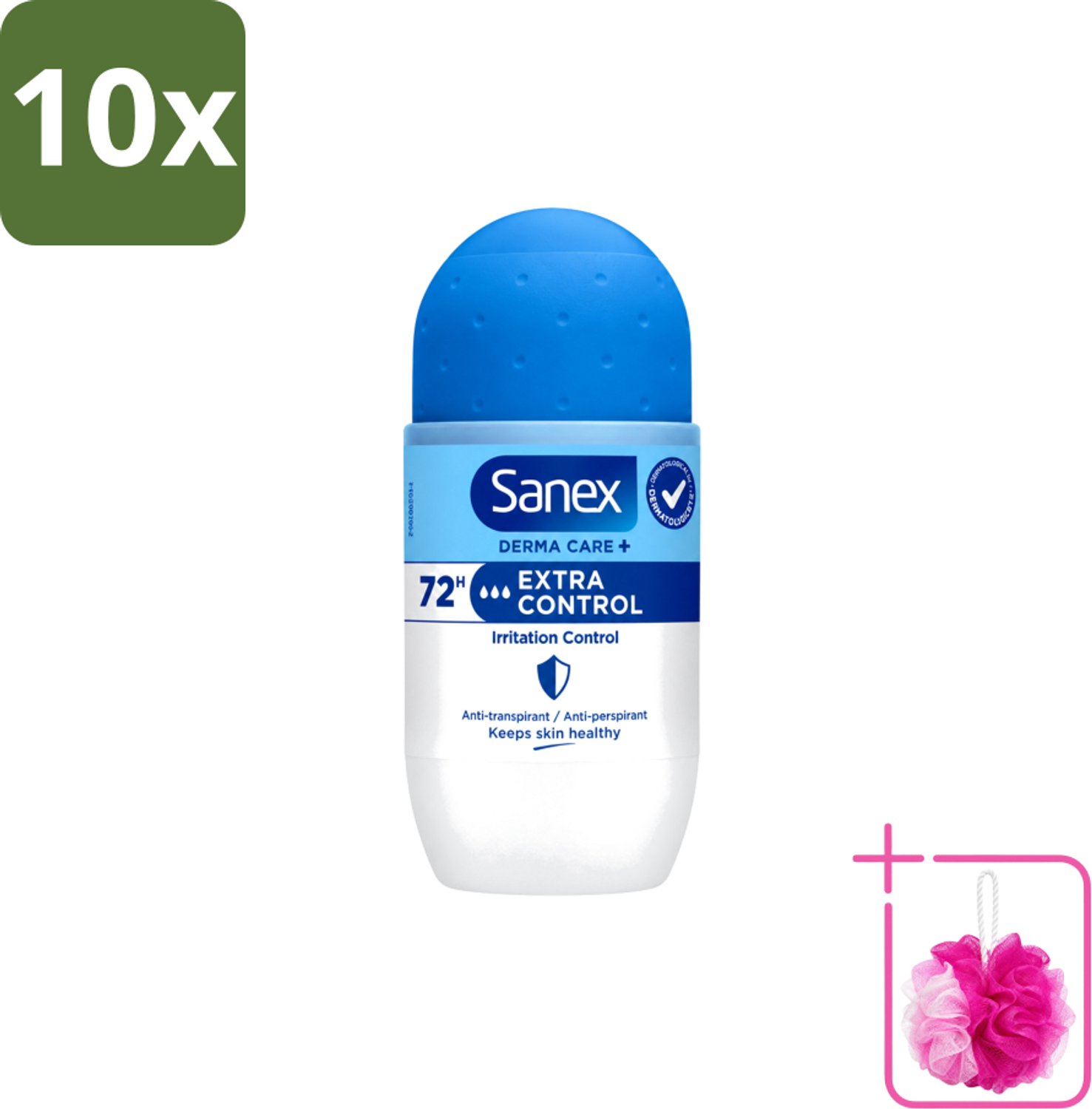 10 x Sanex – Deo Roll-on – Dermo Extra Control – 53 ml - Bulkverpakking - Anti-transpirant - Douchemop - Zweetvermindering