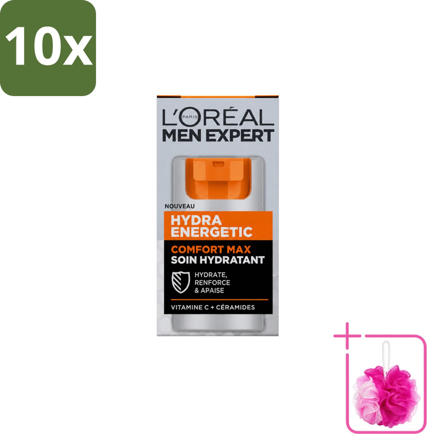 10 x L'Oréal Paris Men Expert Hydra Energetic Comfort Max - Dagcrème - Hydraterend voor Droge Huid - 50 ml - Bulkverpakking - Hydra crème - Douchemop - Droge huid