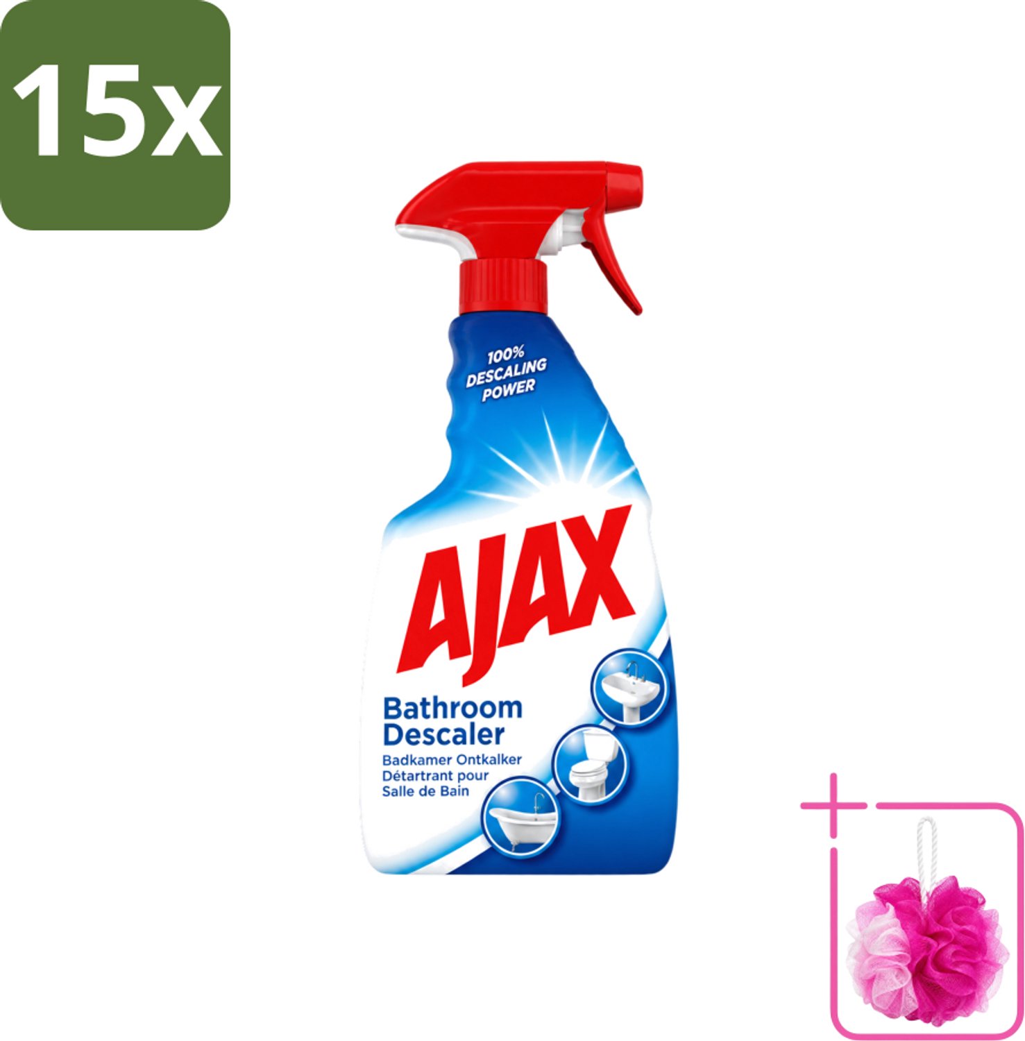 15 x Ajax - Badkamer Ontkalker Spray - Verwijdert Hardnekkig Kalk - 750 ml - Bulkverpakking - Badkamer ontkalker - Douchemop - Ontkalker spray
