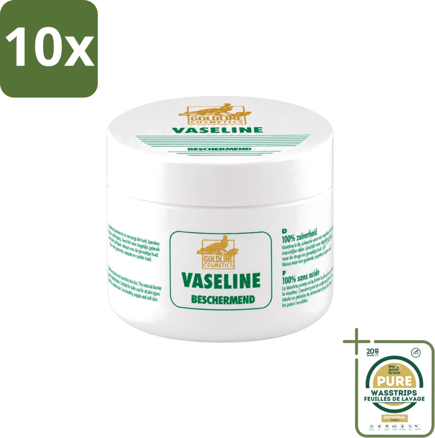 10 x Goldline - Vaseline - Huidverzorging - Beschermend & Hydraterend - 250 ml - Wasstrips - Huidverzorging - Hydratatie - Bescherming - Droge Huid - Uitdroging