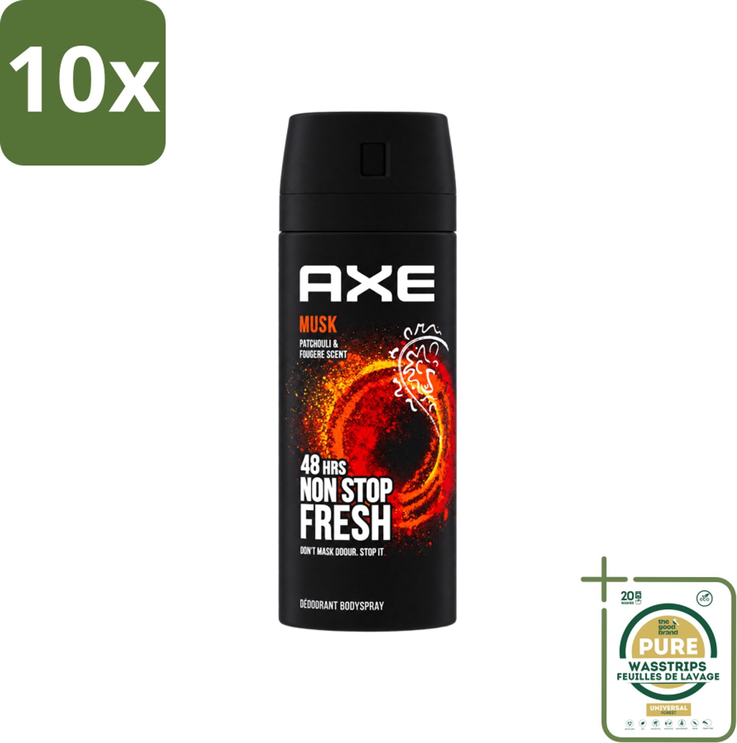 10 x Axe - Deodorant Bodyspray - 48hrs Non Stop Fresh - Musk - Patchouli & Fougere - 150 ml - Wasstrips - Axe Musk Deodorant - Musk Deodorant - Deodorant Bodyspray - 48h Fresh - Musk Geur