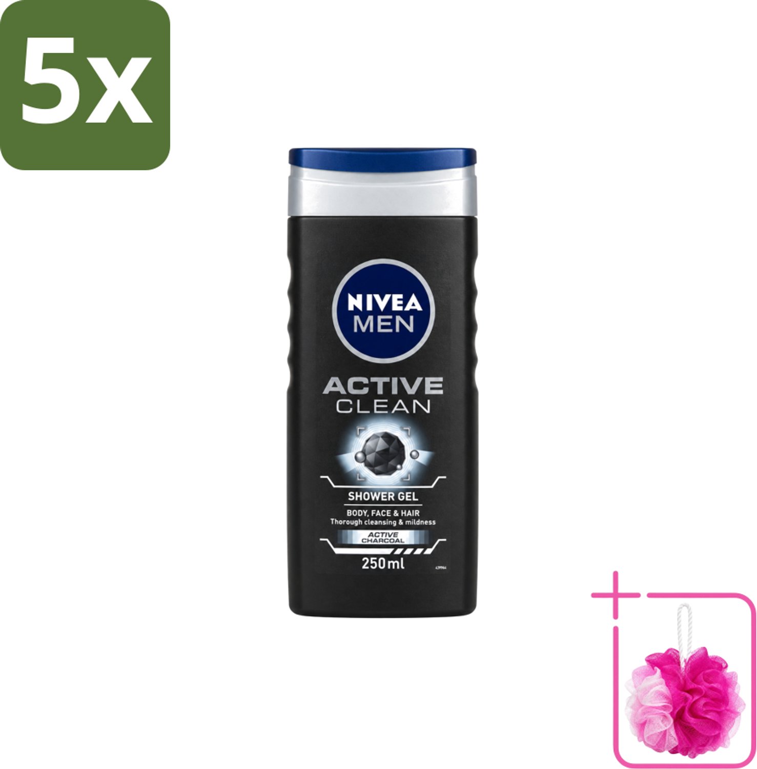 5 x Nivea Men – Douchegel – Active Clean – 250 ml - Bulkverpakking - Douchegel mannen - Douchemop - Reiniging huid