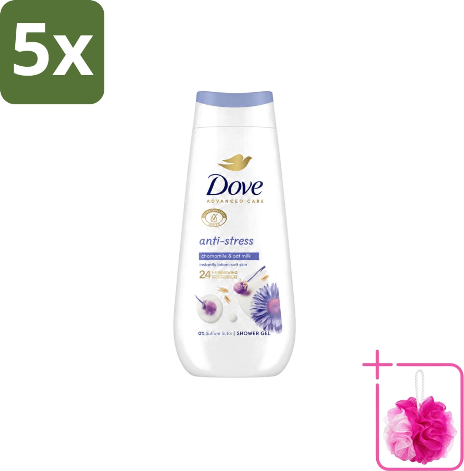 5 x Dove – Douchecrème – Anti-Stress – 225 ml - Bulkverpakking - Douchecrème anti-stress - Douchemop - Ontspannende douchecrème