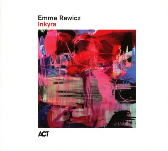 CD-hoes van Emma Rawicz 'Inkyra' met abstracte roze en rode verfstreken op een witte achtergrond.