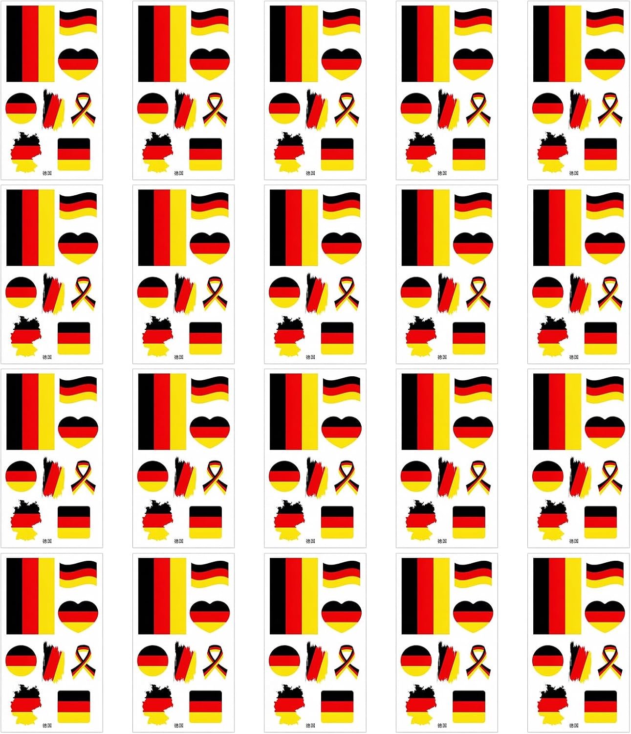 20 stuks Duitse gezichtsstickers, 20 stuks folie, zwart, rood, geel, zelfklevend, waterdicht, voor party, festival, kostuum, accessoires, cosplay