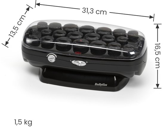 Zwarte BaByliss krulset met afmetingen van 31,3cm bij 16,5cm bij 13,5cm en een gewicht van 1,5 kg.