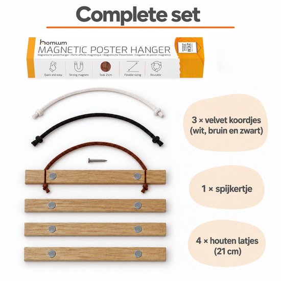 Inhoudsset: vier houten latjes van 21 cm, drie fluwelen koordjes en een spijkertje.