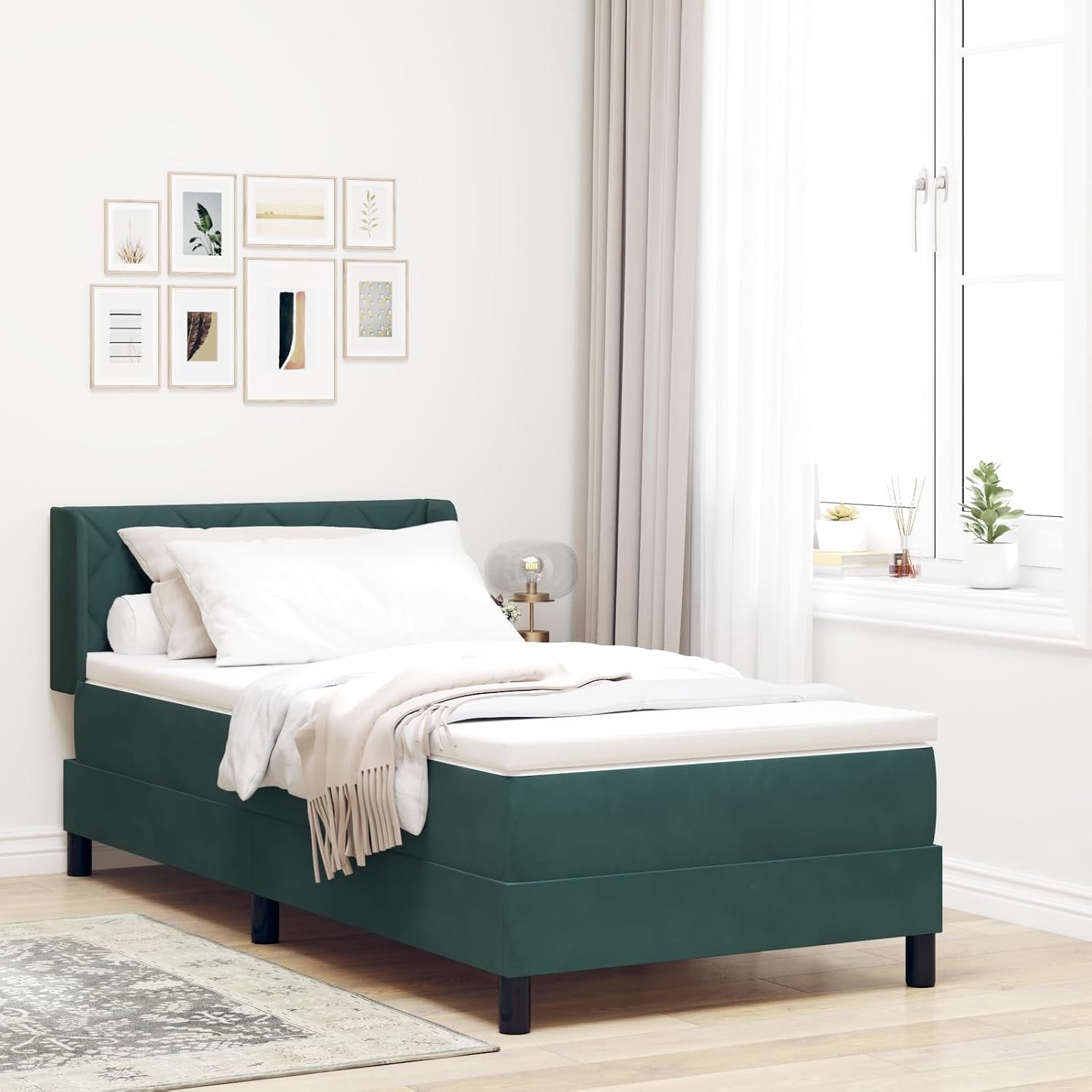 Boxspringbed met matras, donkergroen, 100 x 200 cm, fluweel, pocketveringmatras, 100 x 200 x 20 cm, middelharde ondersteuning, traagschuim, rugslaper, buikslaper