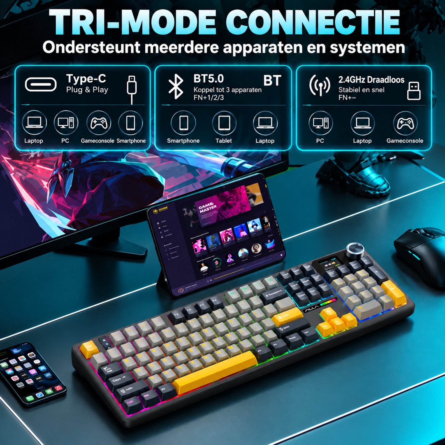 EPOMAKER x AULA F108 Pro - Zwart - Mechanisch Gaming Toetsenbord – LCD Display – RGB – Tri-Mode Draadloos – Hot-Swappable – Full Size - Reaper Switch thumbnail 4