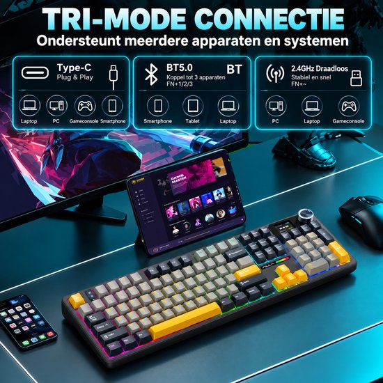 AULA F108 Pro mechanisch toetsenbord met tri-mode connectiviteit voor laptop, pc, smartphone en tablet.