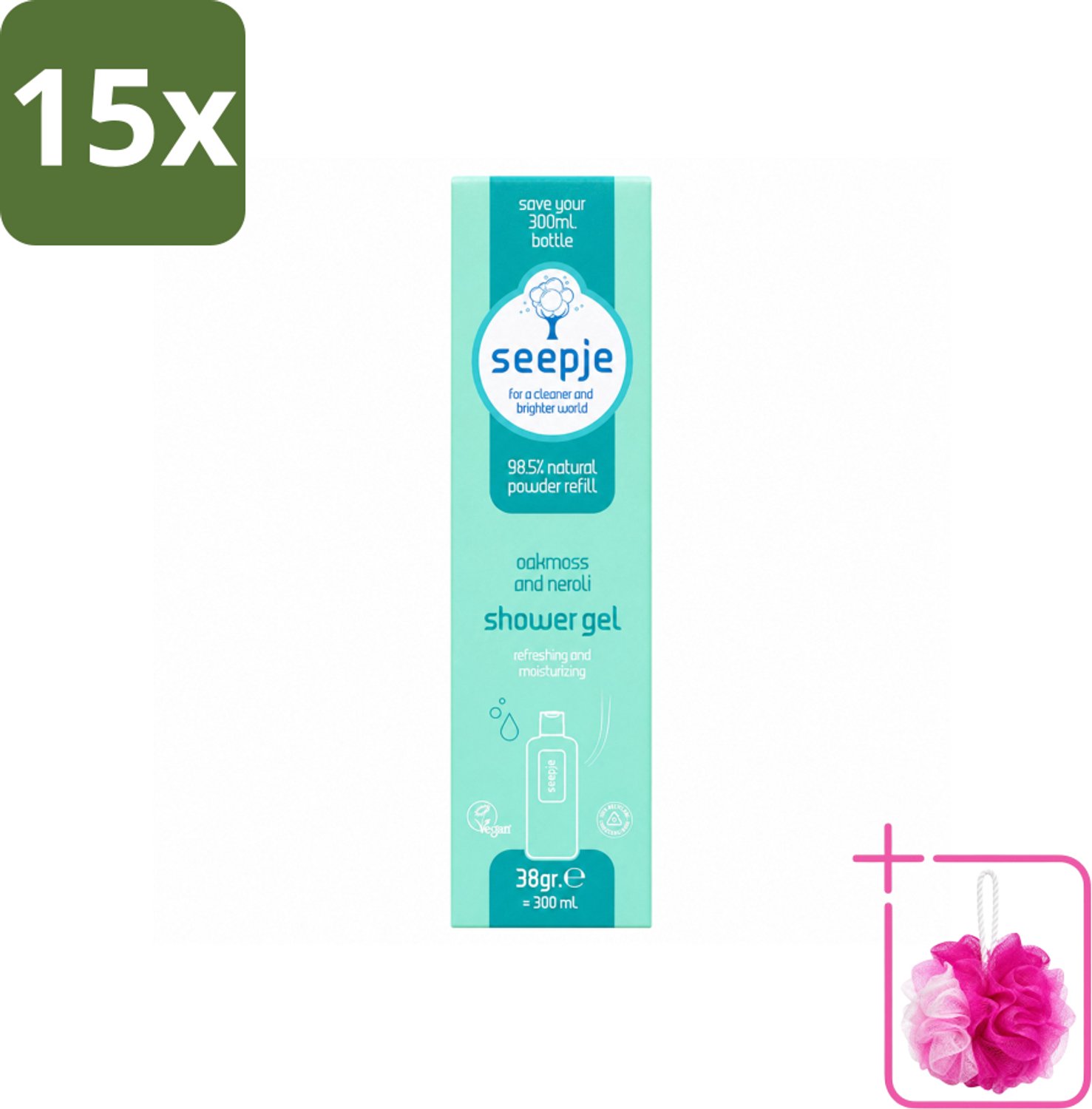 15 x Seepje - Douchegel - Duurzaam & Handig - Eikenmos en Neroli - Navulling - 38 gr - Bulkverpakking - Douchegel navulling - Douchemop - Eikenmos