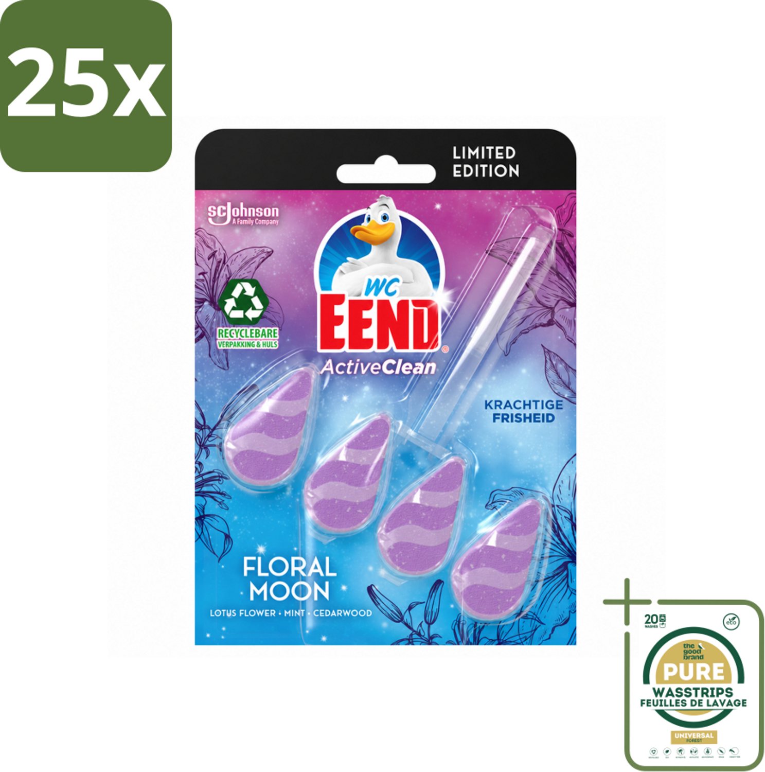 25 x WC Eend - Active Clean Floral Moon - Toiletblok - Lotus, Munt & Cederhout Geur - 38 gr - Wasstrips - Toiletblok - Toiletgeur - Actieve Reiniging - Frisheid - Bloemige Geur