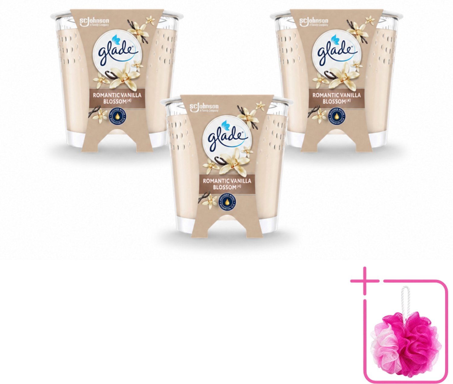 3 x Glade - Geurkaars Romantic Vanillebloesem - 100% Raapzaadwas & Vegan - 112 g - Bulkverpakking - Romantische kaars - Douchemop - Geurkaars
