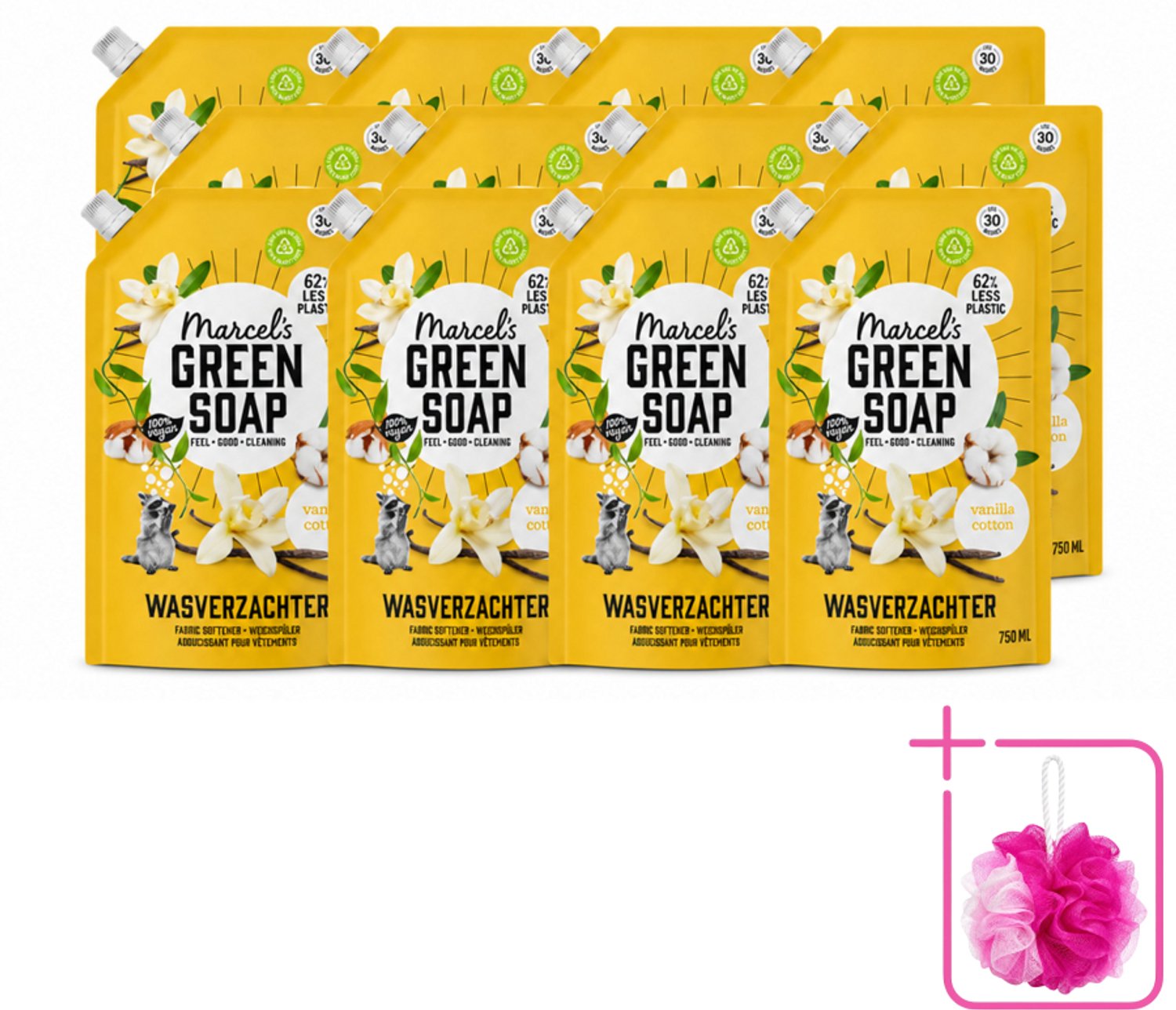 12 x Marcel's Green Soap - Wasverzachter - Navulling - Katoen & Vanille - Zachte frisheid- 30 Wasbeurten - 750 ml - Bulkverpakking - Wasverzachter - Douchemop - Wasgoed zachter maken
