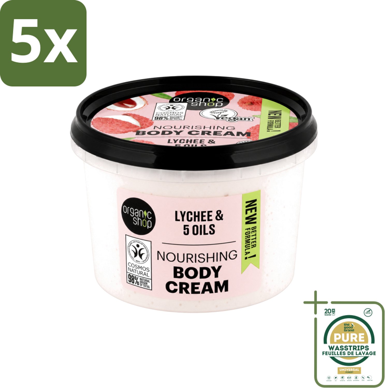 5 x Organic Shop - Nourishing Body Cream Lychee - Hydraterend en Voedend - 250 ml - Wasstrips - Hydraatende Crème - Voedende Crème - Lychee Crème - Natuurlijke Crème - Huidverzorging