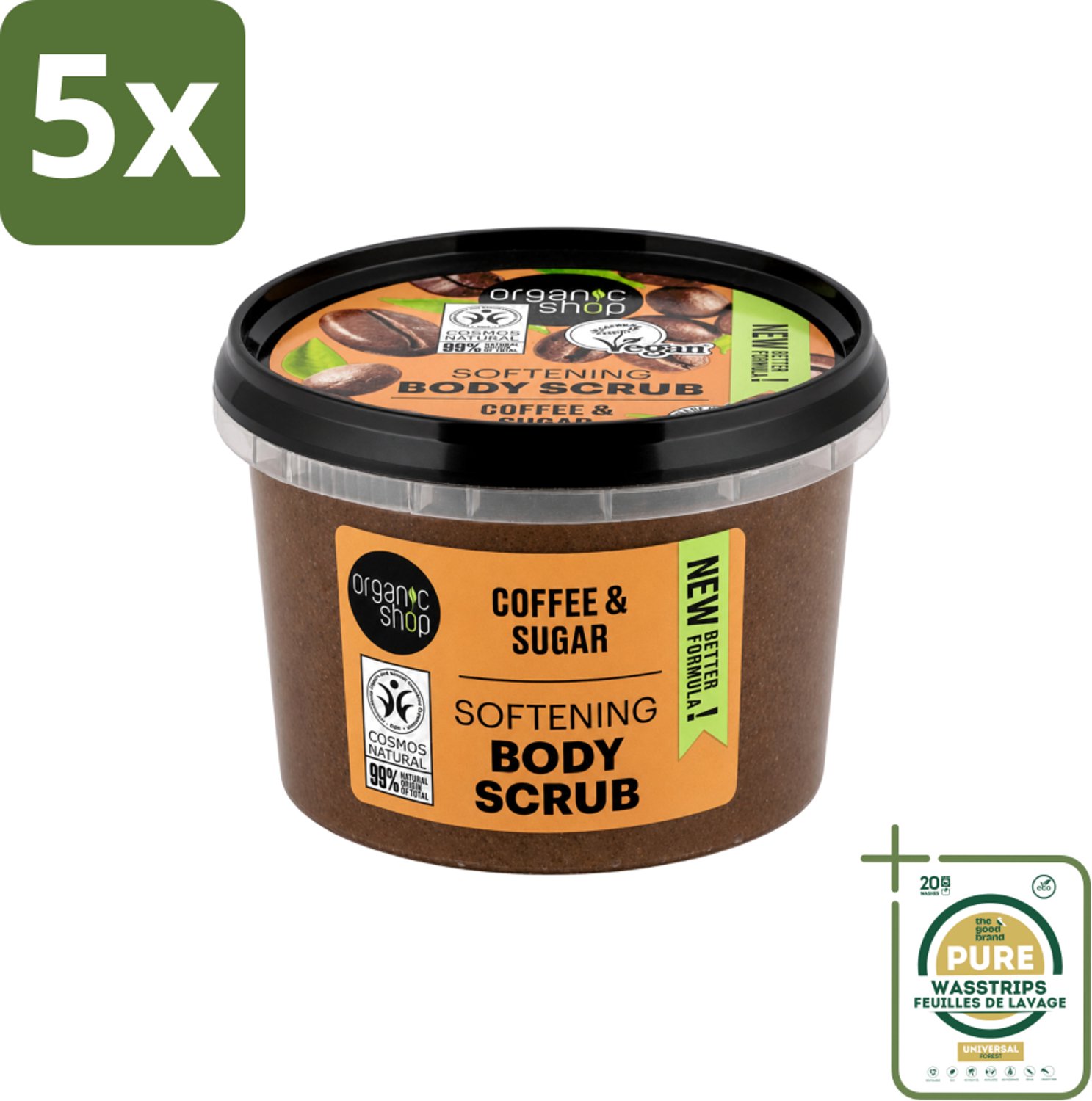 5 x Organic Shop - Organic Coffee & Sugar Body Scrub - Hydraterend en Peeling - 250 ml - Wasstrips - Organische Bodyscrub - Koffieolie - Suiker Peeling - Huid Verzorging - Exfoliërende Scrub