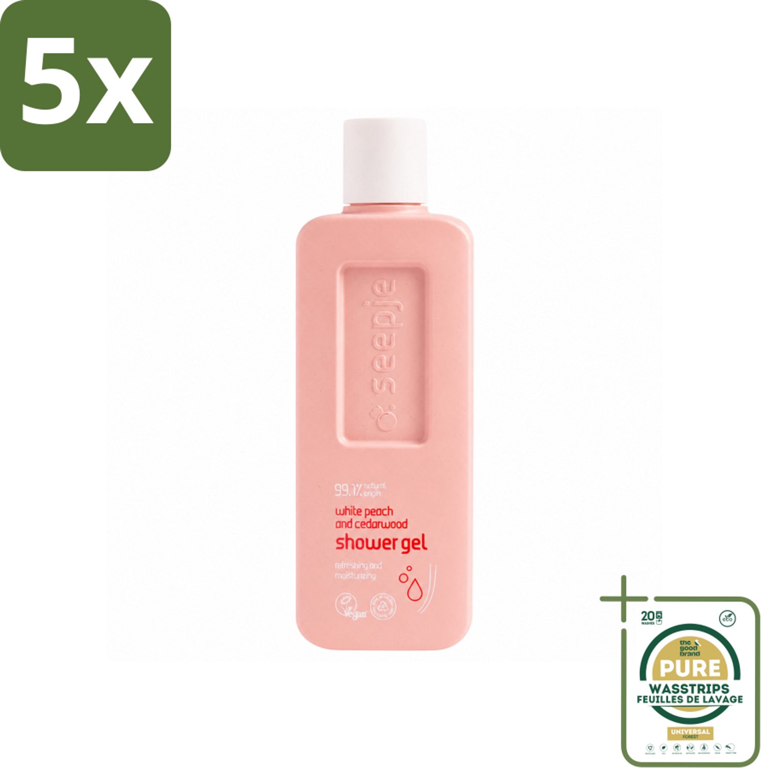 5 x Seepje - Douchegel - Natuurlijke Geur - Witte Perzik en Cederhout - 300 ml - Wasstrips - Douchegel - Natuurlijke Douchegel - Witte Perzik En Cederhout - Zachte Douchegel - Huidverzorging