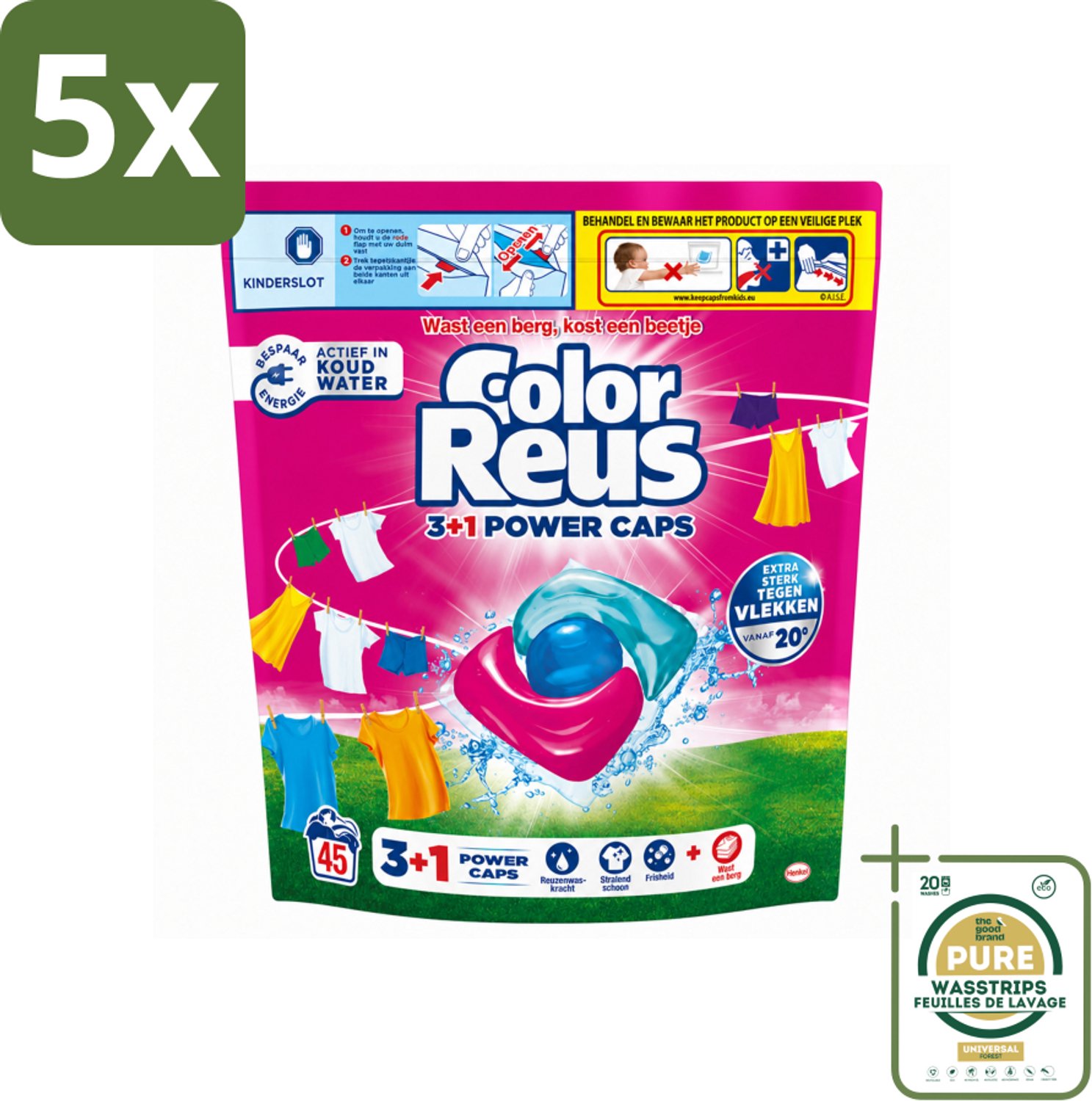 5 x Color Reus - 3+1 Power Caps - Gekleurde Was - 45 Wasbeurten - Wasstrips - Gekleurde Was - Wasmiddel - Wasresultaat - Kleurbescherming - Vlekverwijdering