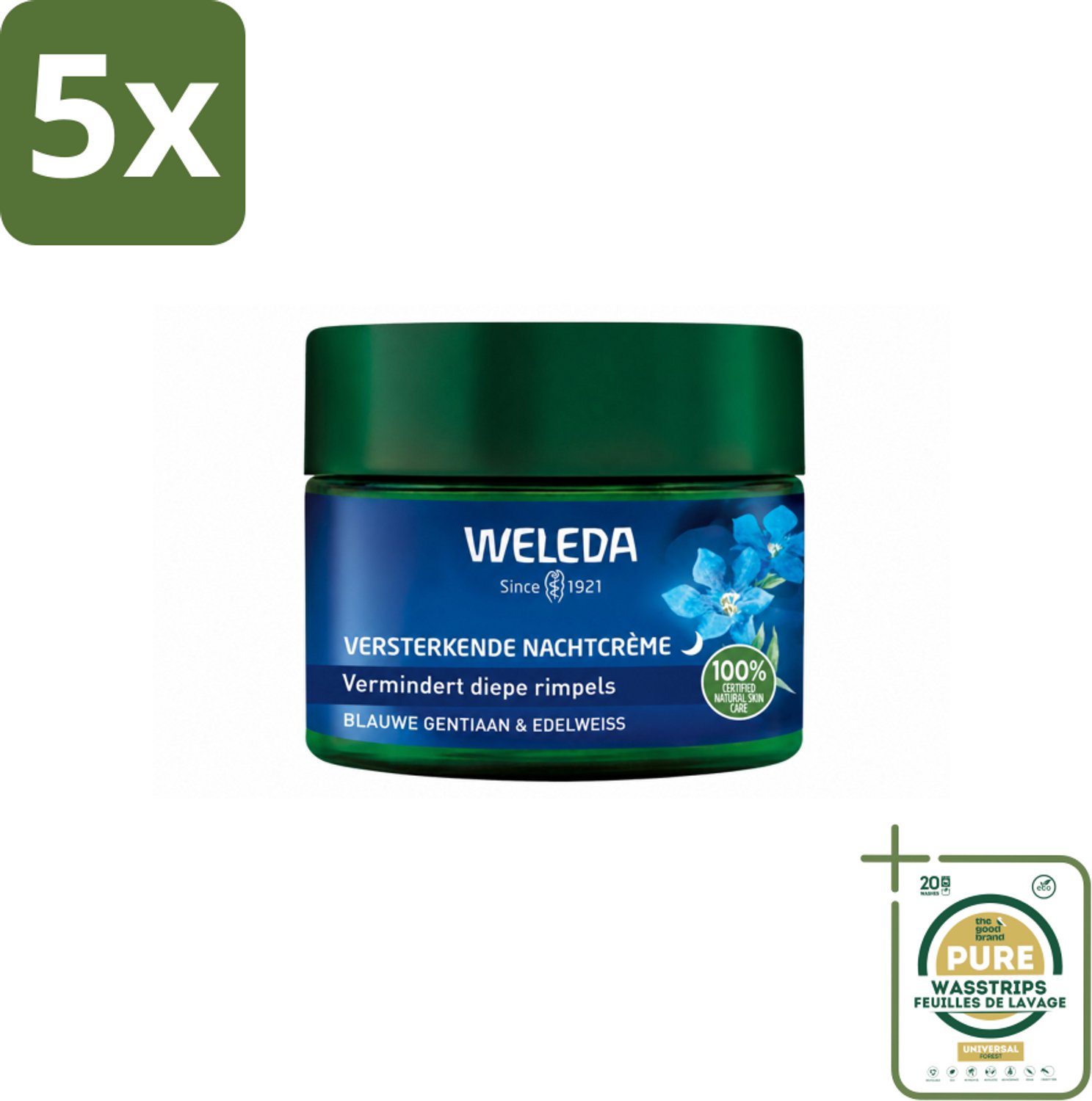 5 x WELEDA - Nachtcrème Versterkend - Blauwe Gentiaan & Edelweiss - 40 ml - Wasstrips - Nachtcrème - Huidversterkend - Collageengehalte - Huidcontouren - Huidverzorging