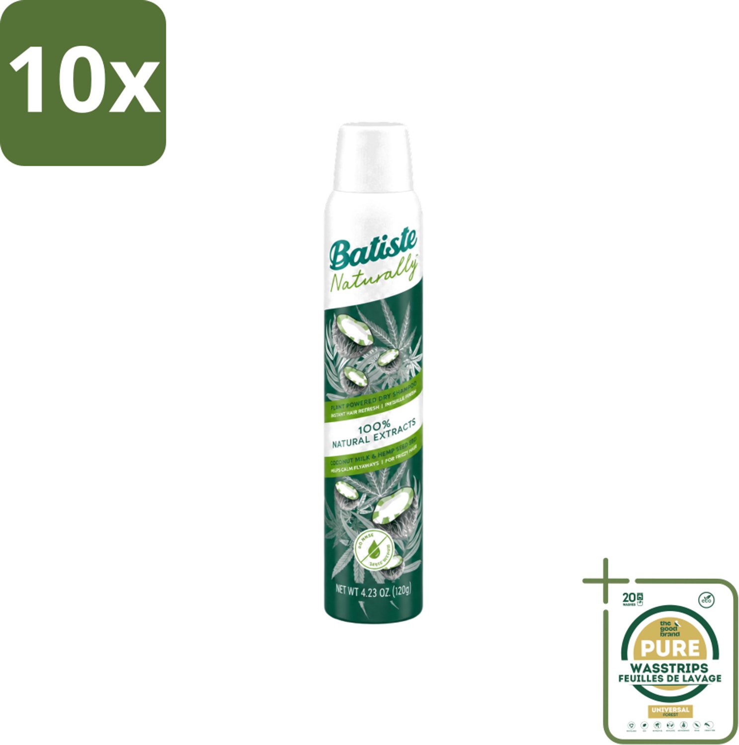 10 x Batiste - Naturally Coconut Milk & Hemp Seed Oil - Droogshampoo - Anti-Pluis en Verfrist - 100% Natuurlijk - 200ml - Wasstrips - Droogshampoo - Anti-pluis - Haarverzorging - Natuurlijk Haar - Kokosmelk