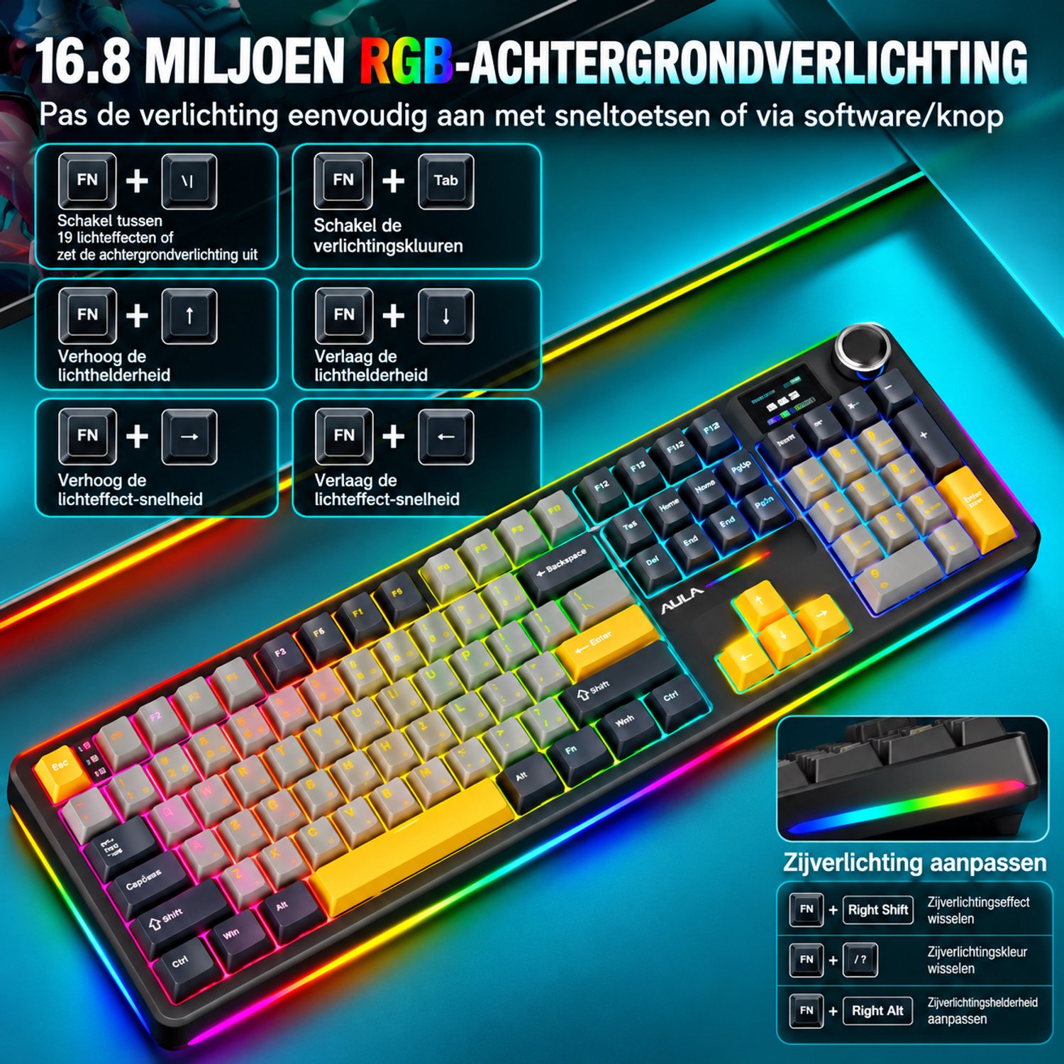 EPOMAKER x AULA F108 Pro - Zwart - Mechanisch Gaming Toetsenbord – LCD Display – RGB – Tri-Mode Draadloos – Hot-Swappable – Full Size - Reaper Switch thumbnail 2