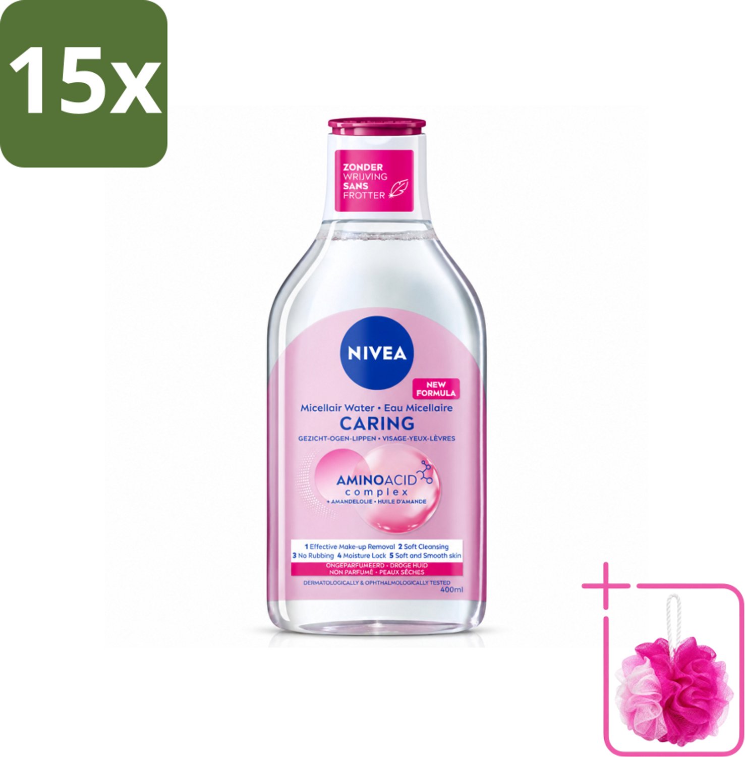 15 x NIVEA - Micellair Water - Essentials Verzachtend & Verzorgend - Voor droge huid - Met Amandelolie & Aminozuren - 400 ml - Bulkverpakking - Micellair water - Douchemop - Droge huid