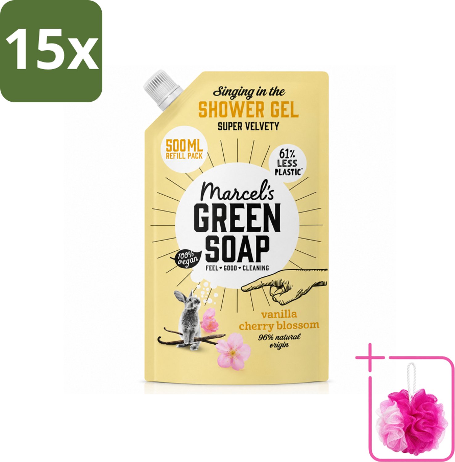 15 x Marcel's Green Soap - Shower Gel - Navulling - Vanille & Kersenbloesem - Krachtige werking - 500 ml - Bulkverpakking - Douchegel - Douchemop - Natuurlijke douchegel