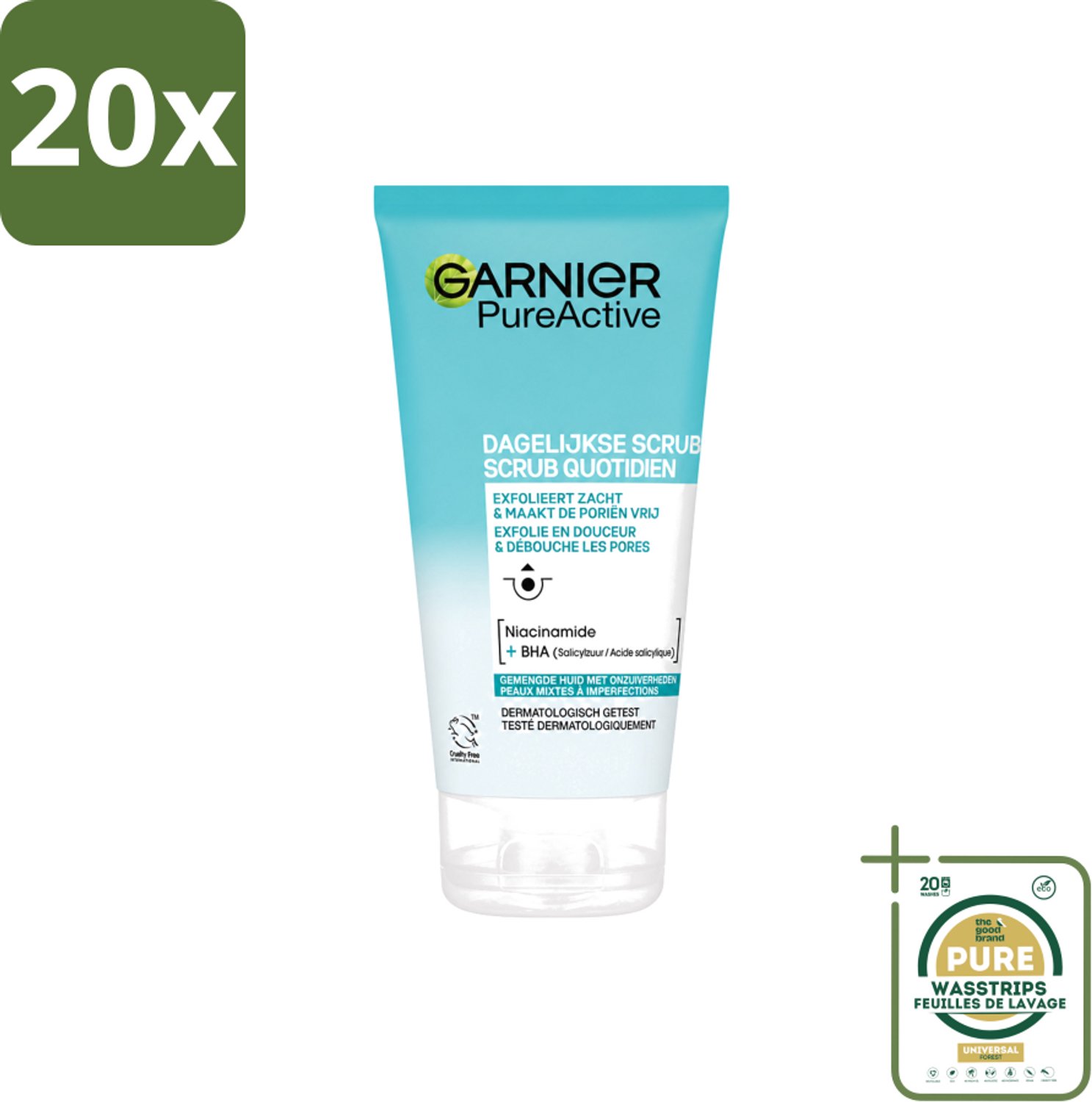 20 x Garnier - Pure Active - Dagelijkse Scrub - Niacinamide & BHA - Exfolieert & Reinigt Poriën - 150 ml - Wasstrips - Garnier Pure Active - Dagelijkse Scrub - Exfolierende Reiniging - Poriën Reinigen - Acne Behandeling