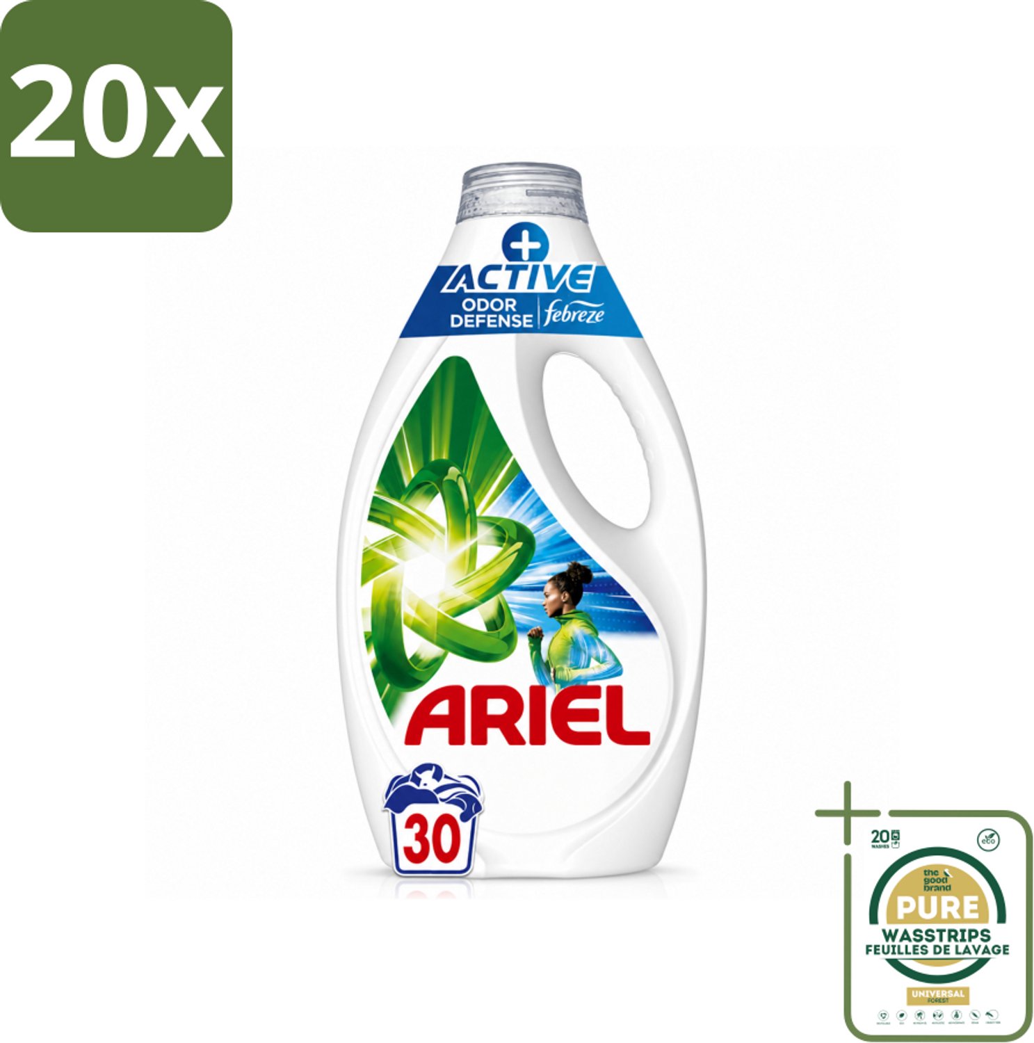 20 x Ariel - Vloeibaar Wasmiddel - +Actieve Odor Defense - 30 Wasbeurten - 1,35 liter - Wasstrips - Vloeibaar Wasmiddel - Geurverwijdering - Zweetgeuren - Wasmiddel Met Febreze - Sportkleding Was