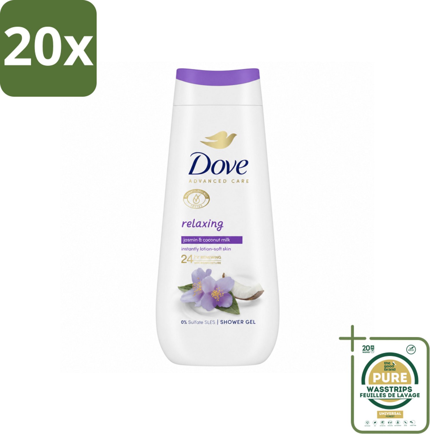 20 x Dove Douchecrème - Relaxing - Kokos & Jasmijn - 225 ml - Wasstrips - Douchegel - Hydraterende Douchegel - Ontspannende Douchegel - Jasmijn Geur - Kokosmelk Geur