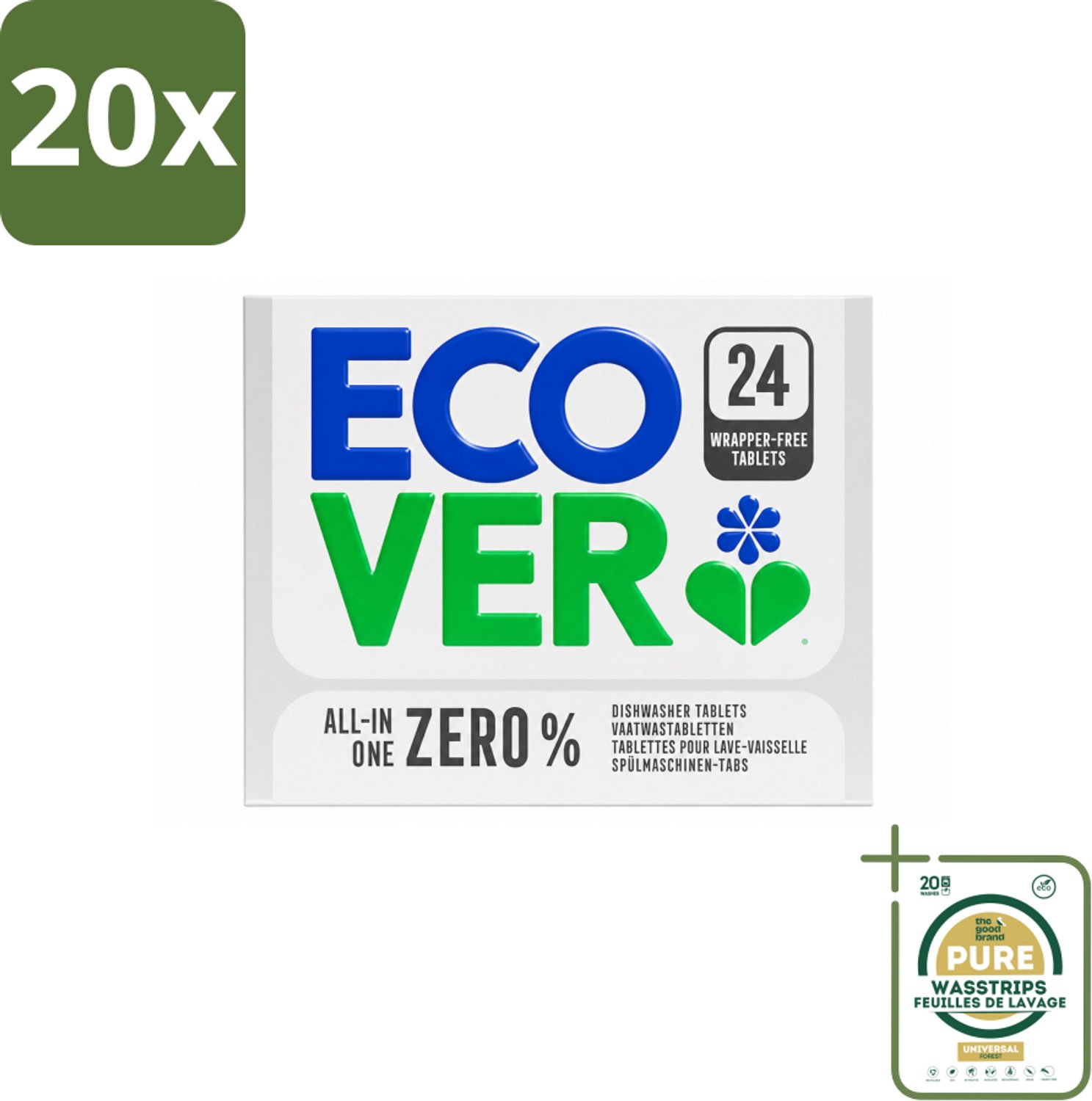 20 x Ecover - Vaatwastabletten All-in-One Zero% - 24 Tabs - Wasstrips - Vaatwasmiddel - Vaatwastabletten - Zero% Vaatwasmiddel - Milieuvriendelijk Vaatwasmiddel - Gevoelig Vaatwasmiddel