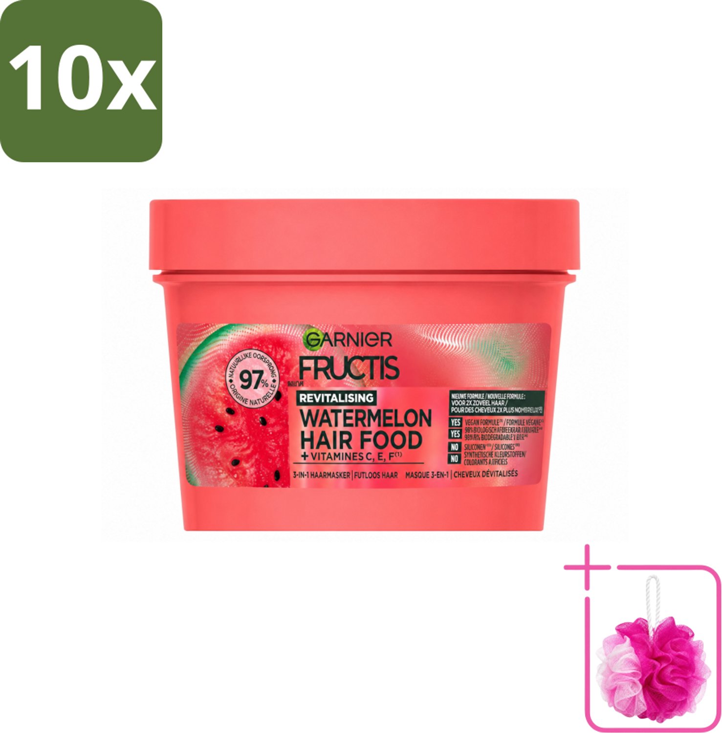 10 x Garnier - Fructis Hair Food Watermelon - 3-in-1 Haarmasker - Futloos Haar - 400 ml - Bulkverpakking - Haarmasker - Douchemop - Watermeloen
