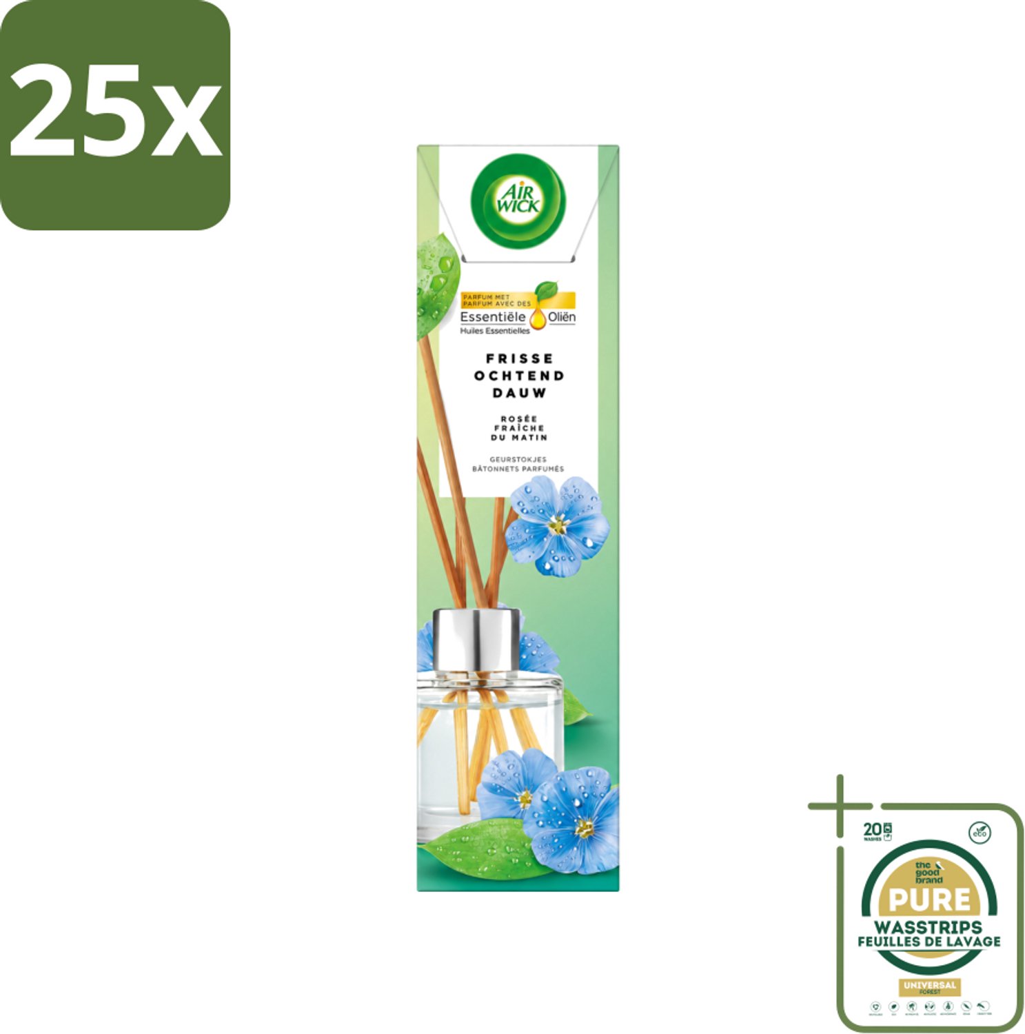 25 x Air Wick - Geurstokjes - Frisse Ochtenddauw - Essentiële Oliën - 40 ml - Wasstrips - Geurstokjes - Geurverspreiding - Frisse Geur - Essentiële Oliën - Luchtverfrisser