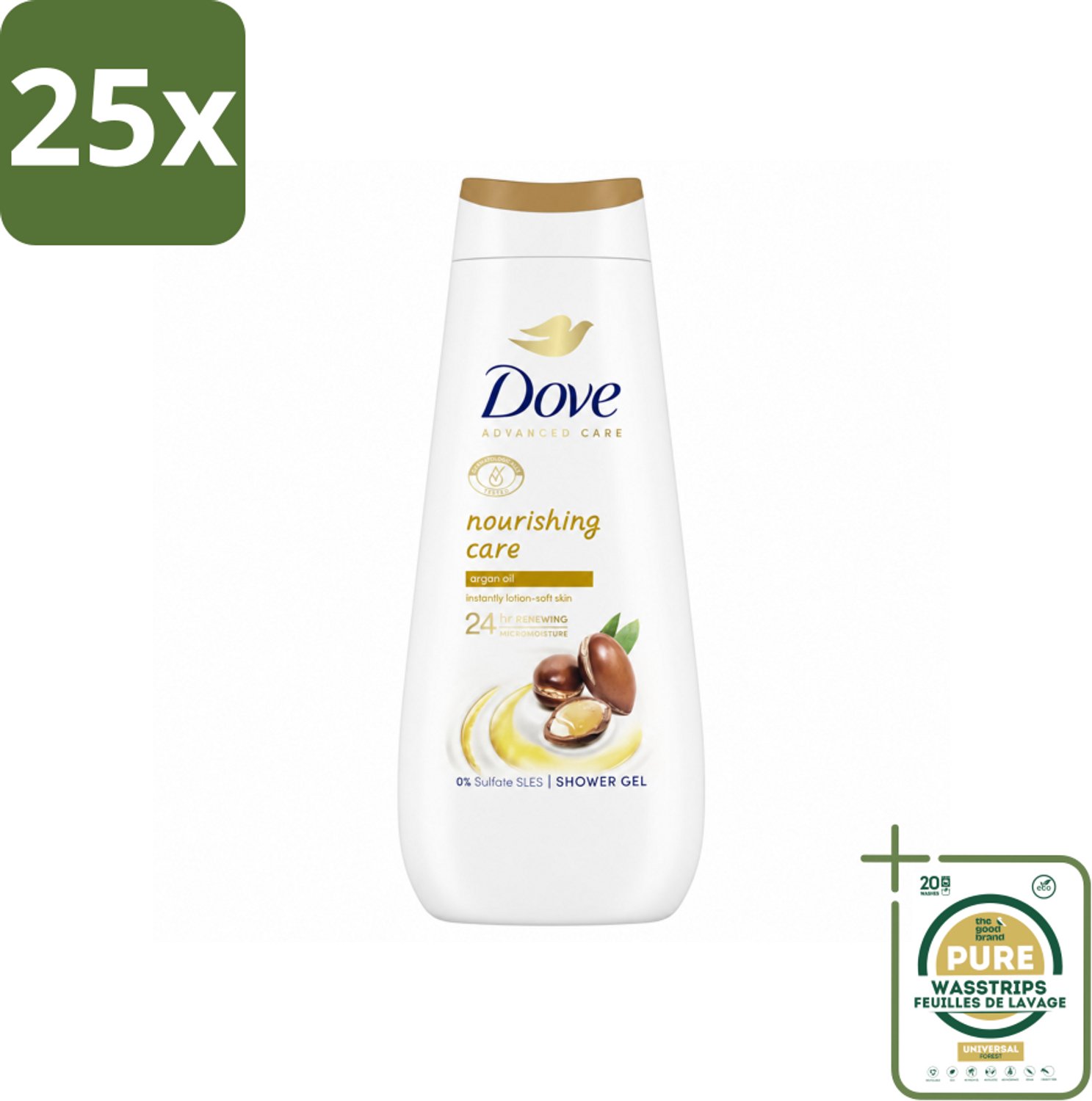 25 x Dove Douchecrème - Nourishing Care - Arganolie - 400 ml - Wasstrips - Douchegel - Hydraterend - Voedend - Droge Huid - Arganolie