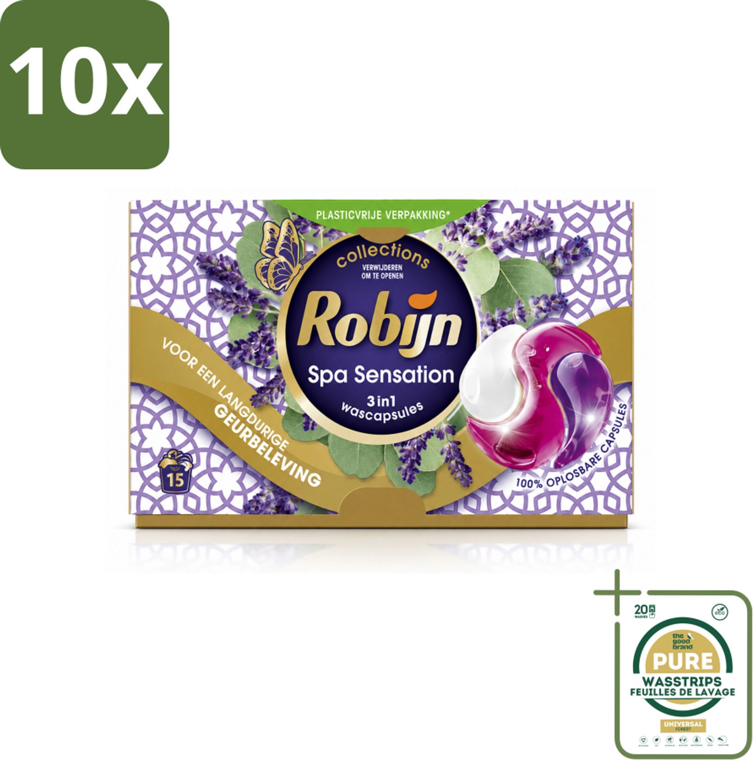 10 x Robijn - 3-in-1 Spa Sensation - Wascapsules - 15 Wasbeurten - Wasstrips - 3-in-1 Wascapsules - Wasmiddel Voor Gekleurde Was - Geur Voor Was - Wascapsules Spa Sensation - Biologisch Afbreekbare Wasmiddel