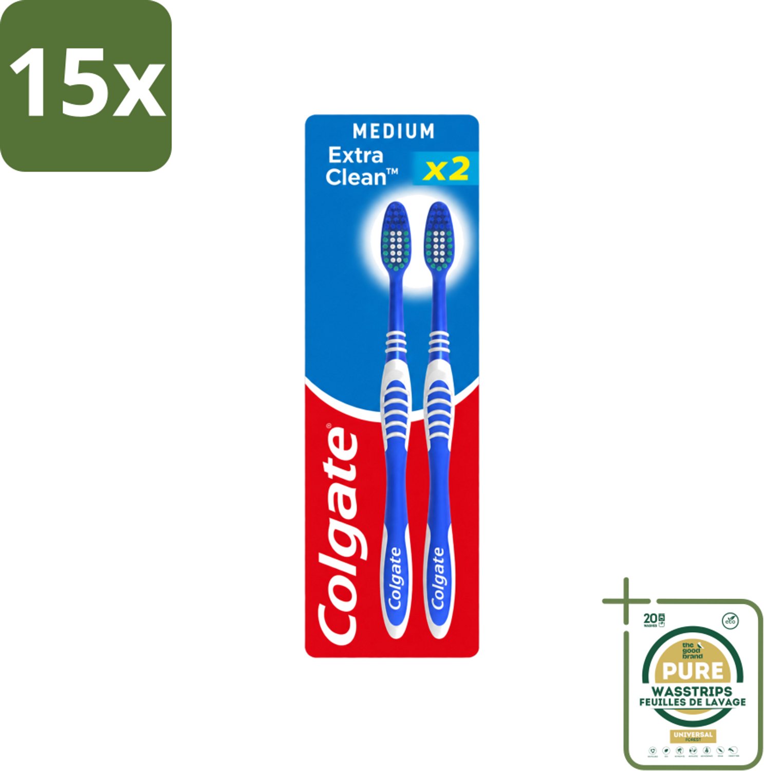 15 x Colgate - Tandenborstels - Extra Clean Duo - Medium - 2 borstels - Wasstrips - Tandenborstel - Mondhygiëne - Reiniging - Tongreiniger - Frisse Adem