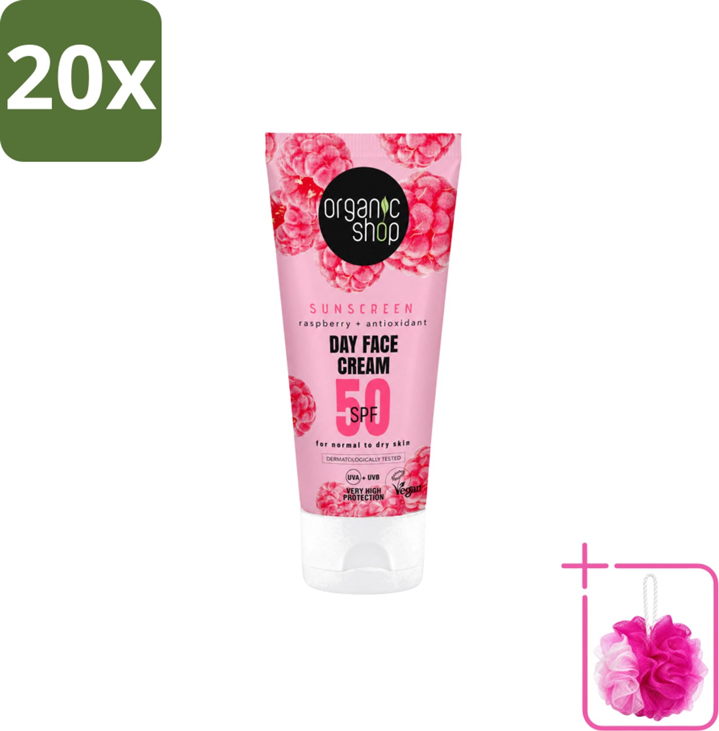 20 x Organic Shop - Zonnebrandcrème Gezicht SPF 50 - Normale Huid - 50 ml - Bulkverpakking - Zonbescherming gezicht - Douchemop - SPF 50