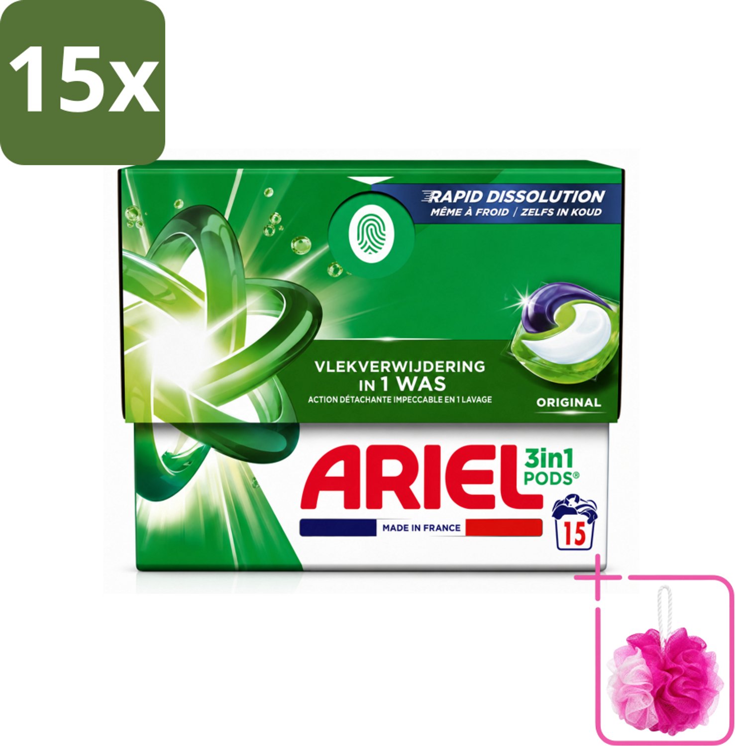 15 x Ariel - 3in1 Wasmiddel Pods - Original - 15 Pods - Bulkverpakking - Wasmiddel pod - Douchemop - Wasmiddel voor koude was