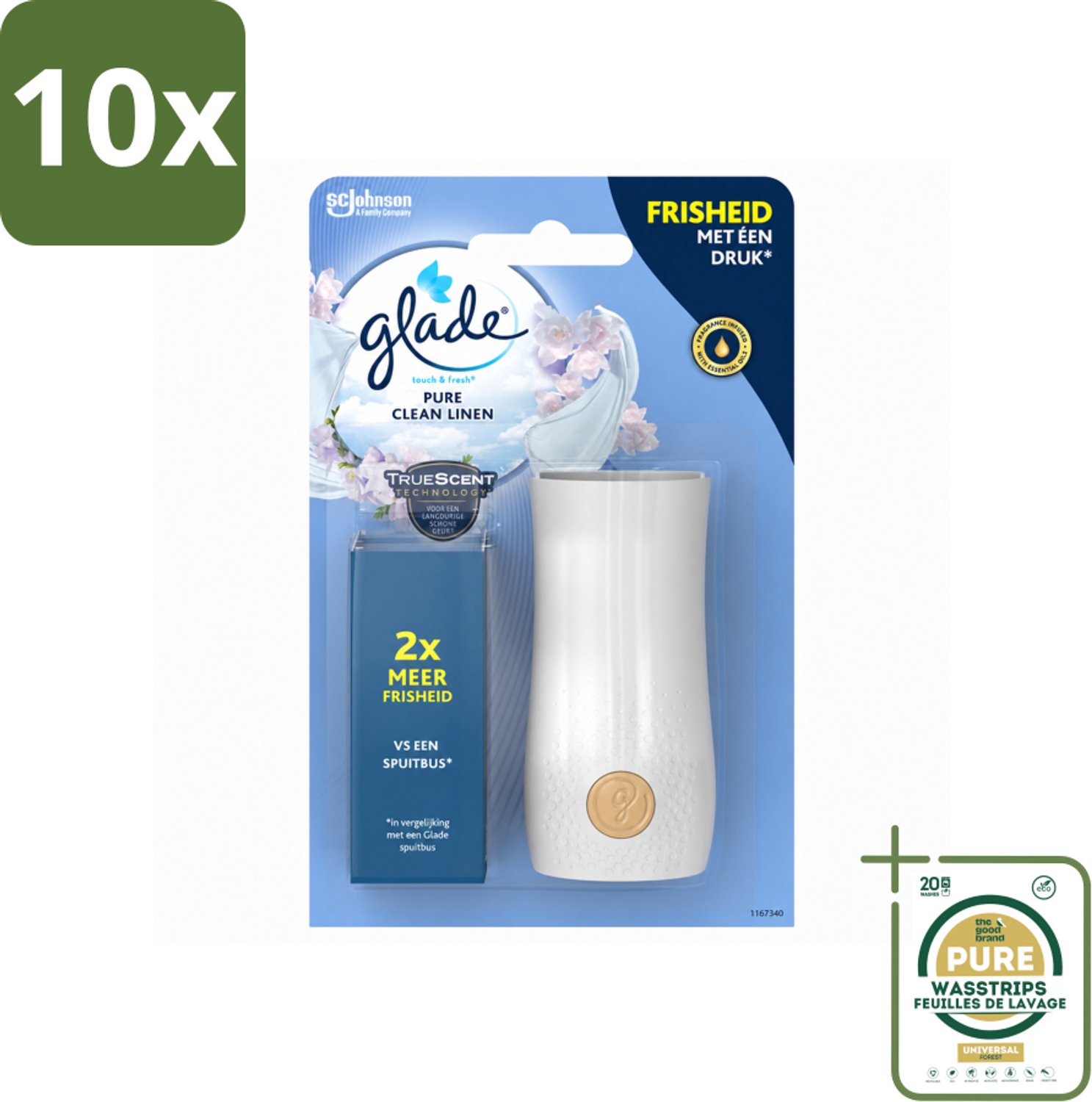 10 x Glade - Houder Touch & Fresh - Pure Clean Linen - 10 ml - Wasstrips - Luchtverfrisser - Geurhouder - Frisse Geur - Geur In Badkamer - Geur In Toilet