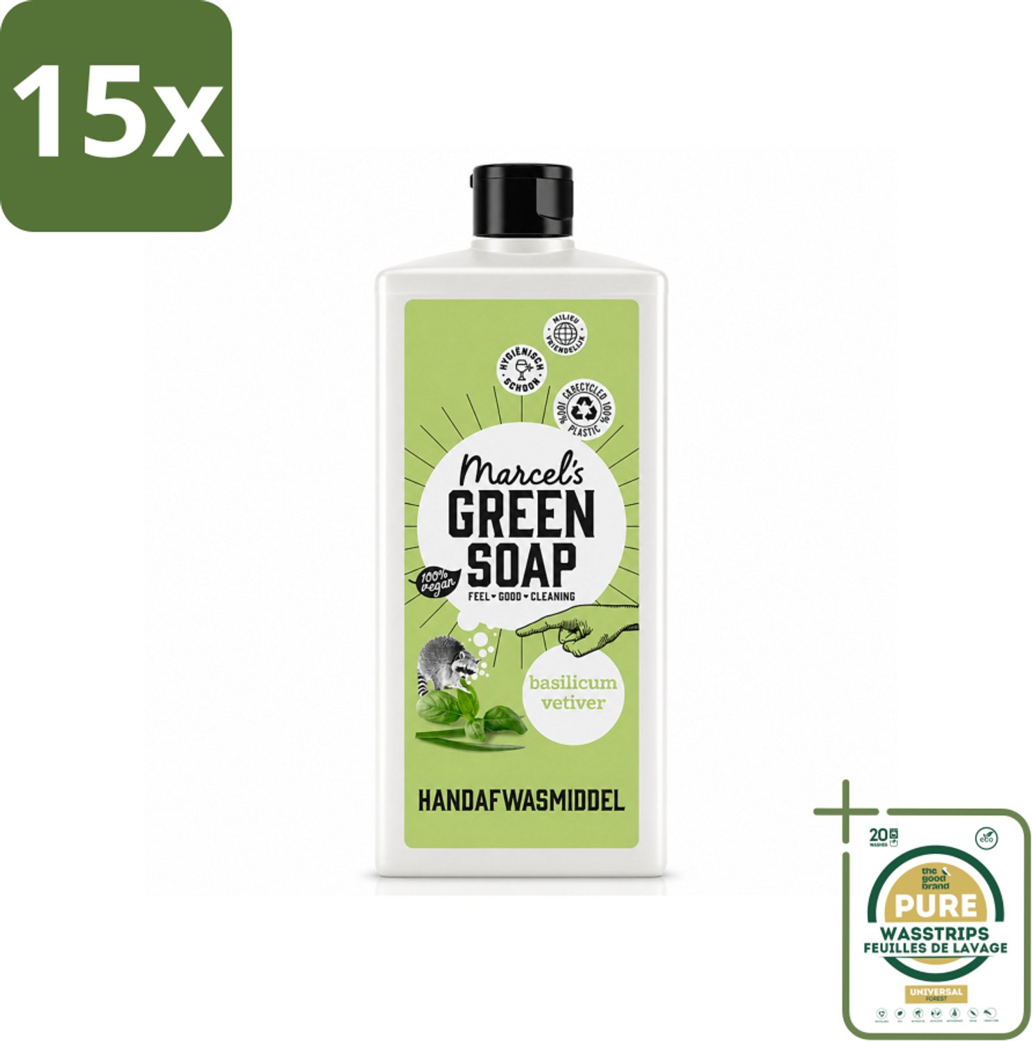 15 x Marcel's Green Soap - Afwasmiddel - Basilicum & Vetiver Gras - Plantaardig & duurzaam - 500 ml - Wasstrips - Afwasmiddel Basilicum Vetiver Gras - Plantaardig Afwasmiddel - Duurzaam Afwasmiddel - Natuurlijk Afwasmiddel - Afwasmiddel Voor Vaat