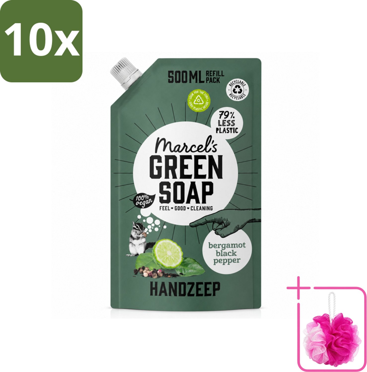 10 x Marcel's Green Soap - Handzeep - Bergamot & Black Pepper - Natuurlijke verzorging - 500 ml - Bulkverpakking - Handzeep navulling - Douchemop - Biologisch afbreekbaar