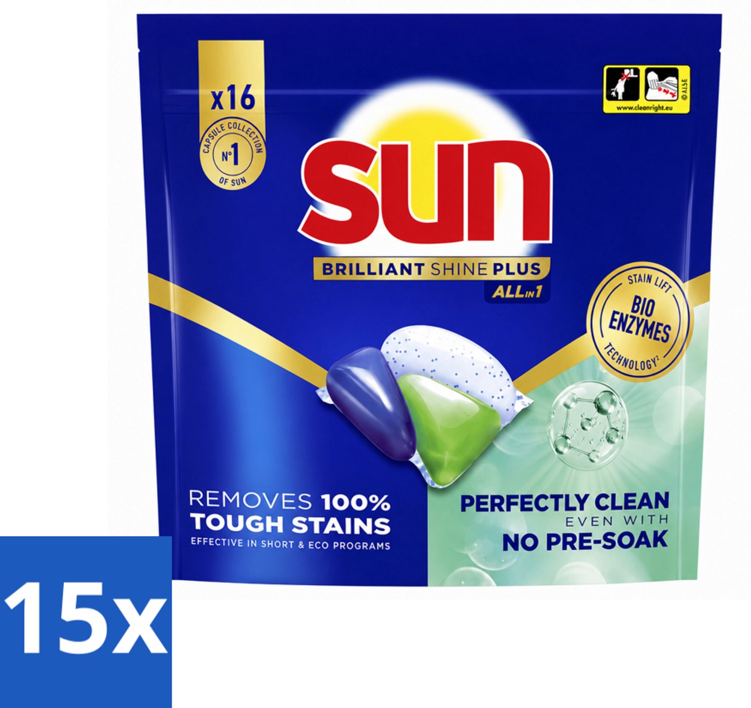 15 x Sun – Vaatwascapsules – Brilliant Shine+ All-in-1 – 16 capsules - Voordeelverpakking - 15 stuks