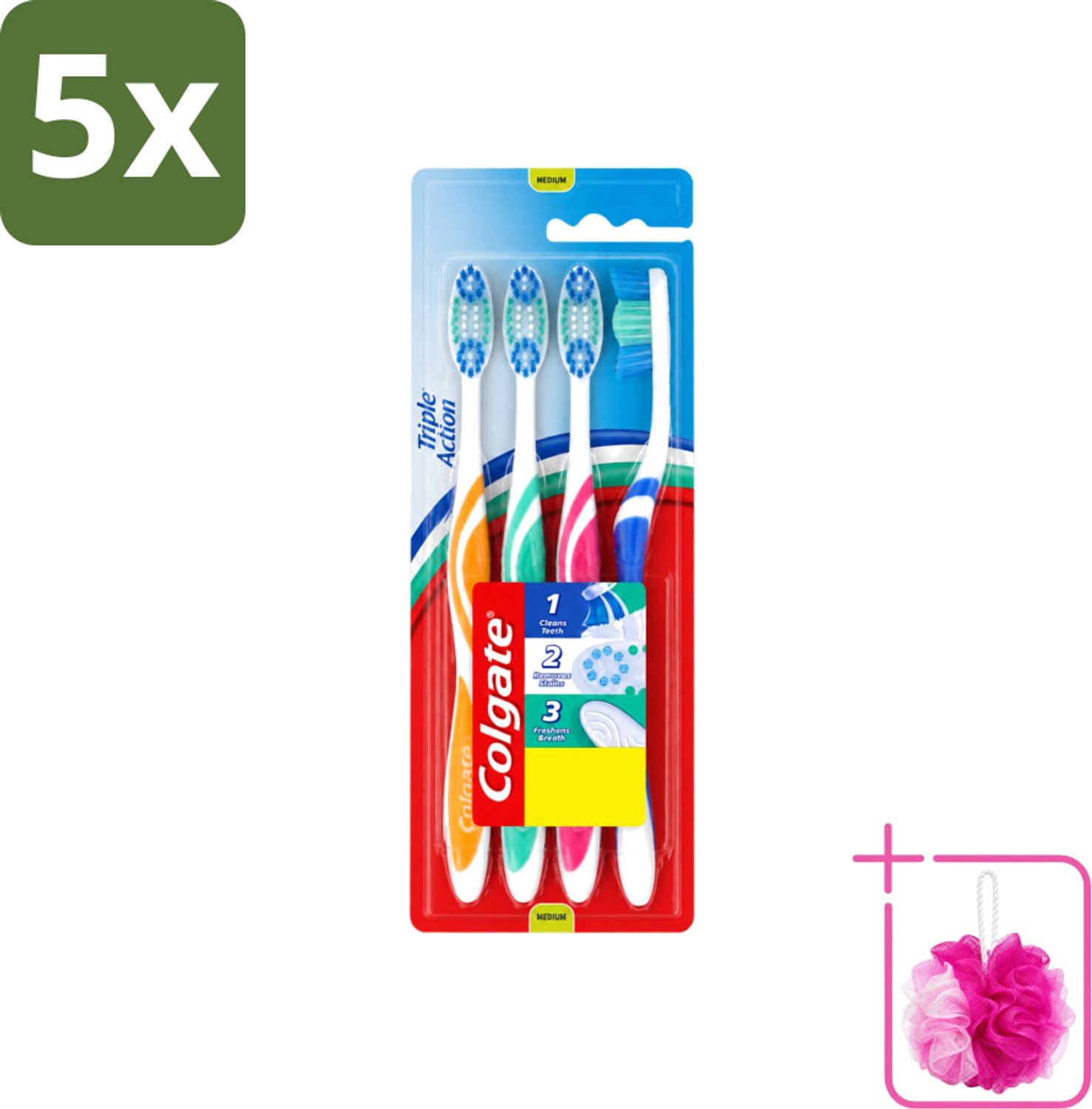5 x Colgate - Tandenborstels - Triple Action - Medium - 4 borstels - Bulkverpakking - Tandenborstel - Douchemop - Mondhygiëne