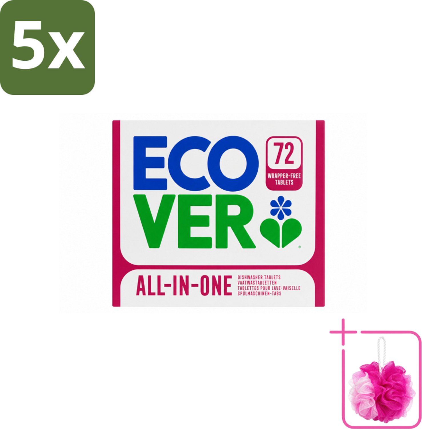5 x Ecover - Vaatwastabletten All-in-One - Lemon & Mandarin - 72 Tabs - Bulkverpakking - Vaatwastabletten - Douchemop - Natuurlijke reiniging