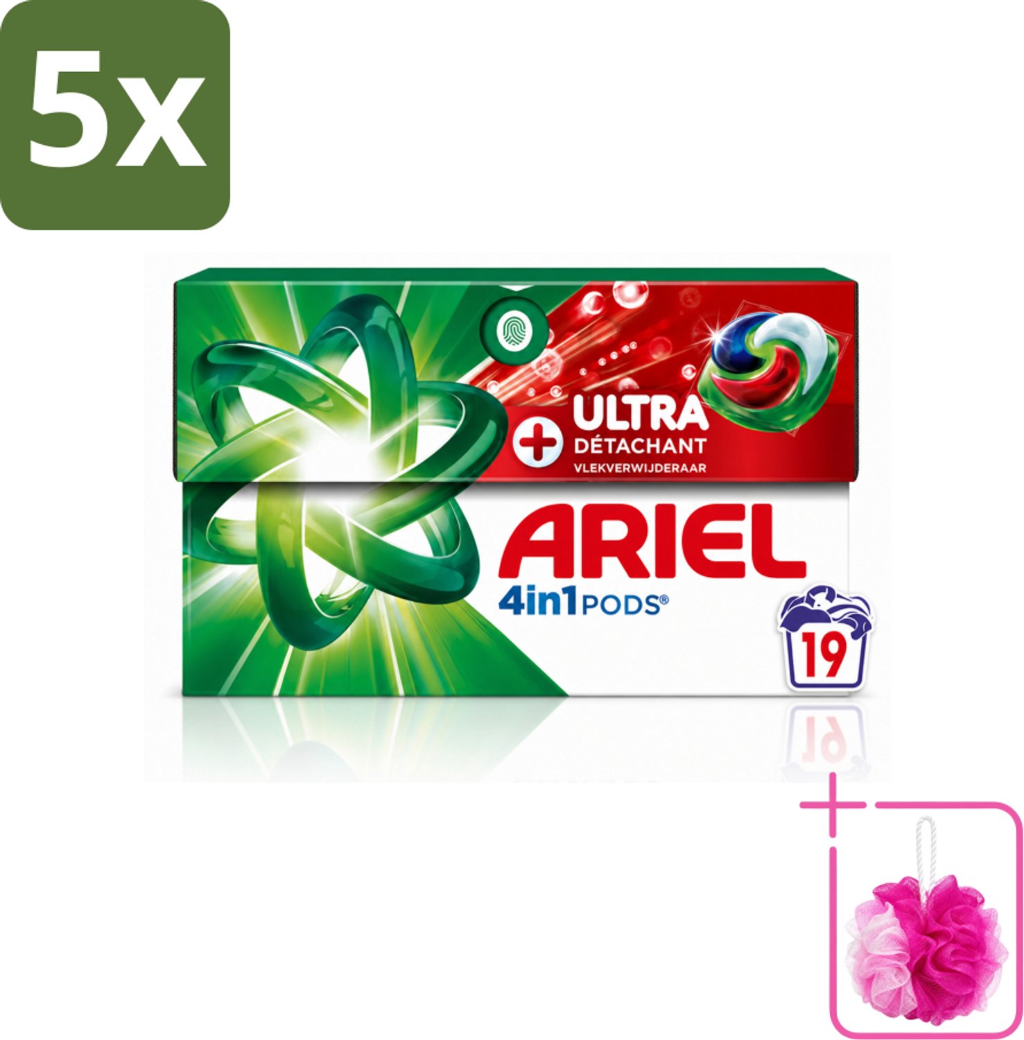 5 x Ariel - 4in1 Wasmiddel Pods - Ultra Vlekverwijderaar - 19 Pods - Bulkverpakking - Wasmiddel - Douchemop - Vlekverwijderaar