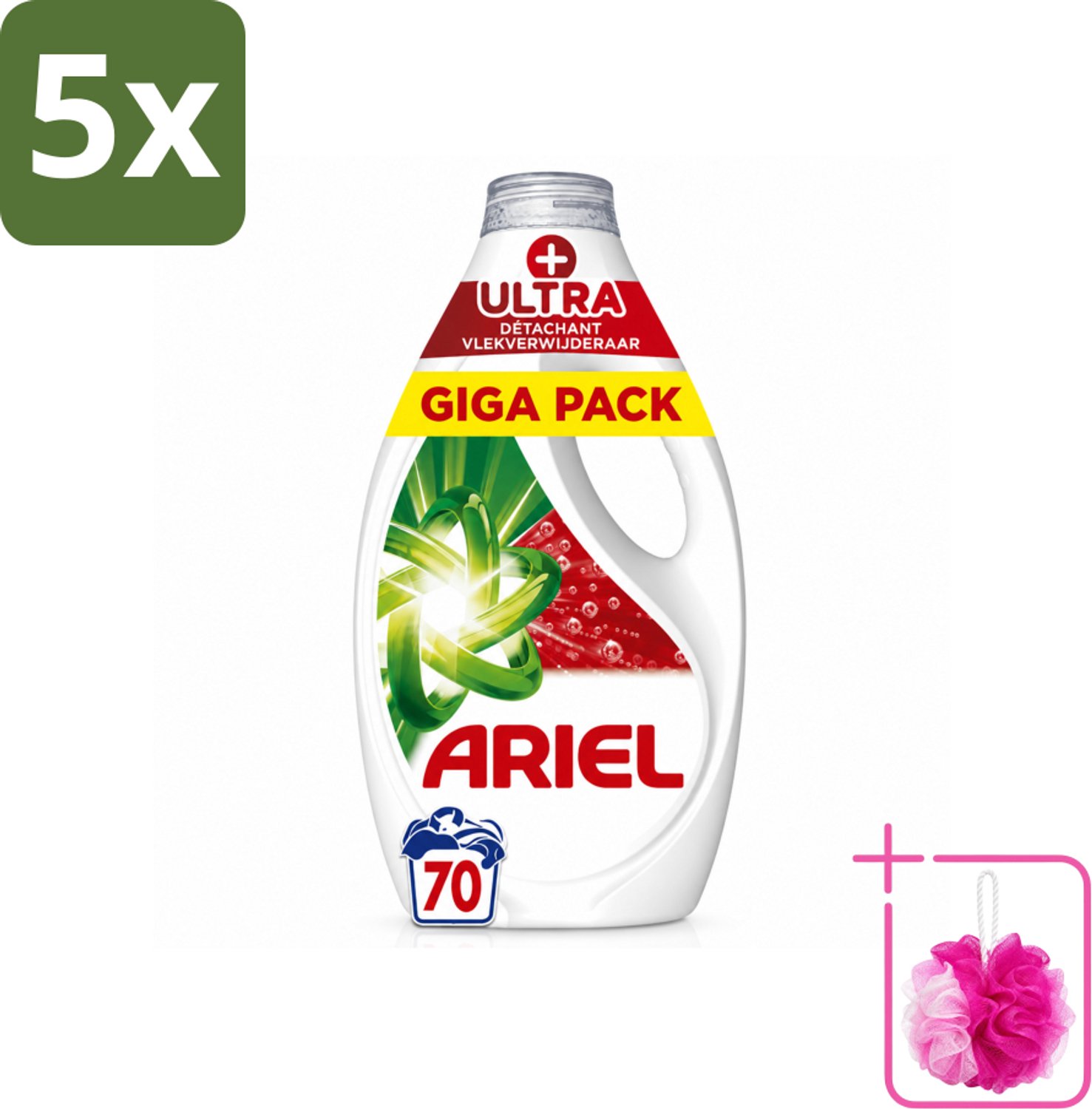 5 x Ariel - Vloeibaar Wasmiddel - +Ultra Vlekverwijderaar - 70 Wasbeurten - 3150 ml - Bulkverpakking - Vlekverwijderaar - Douchemop - Wasmiddel